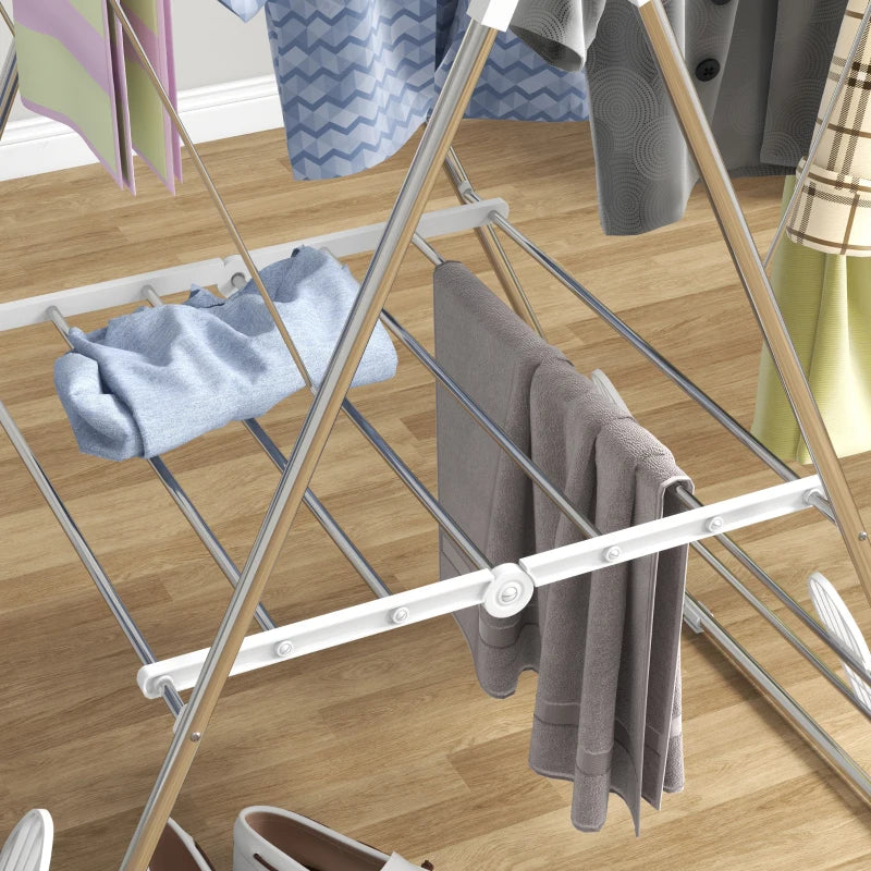 Clothes Drying Rack, 2-Tier Stainless Steel Foldable Laundry Rack with Adjustable Wings and Shoe Holders, Silver