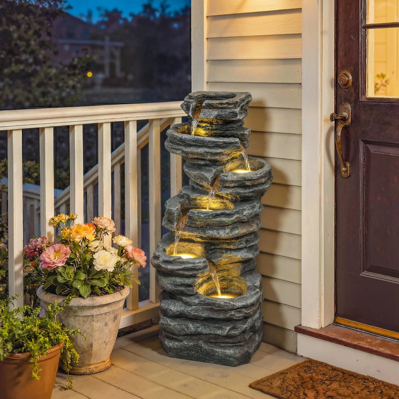 Outdoor 6-Tier Water Fountain, Waterfall Fountain with LED Lights, Resin Waterfall Feature with Pump, Grey