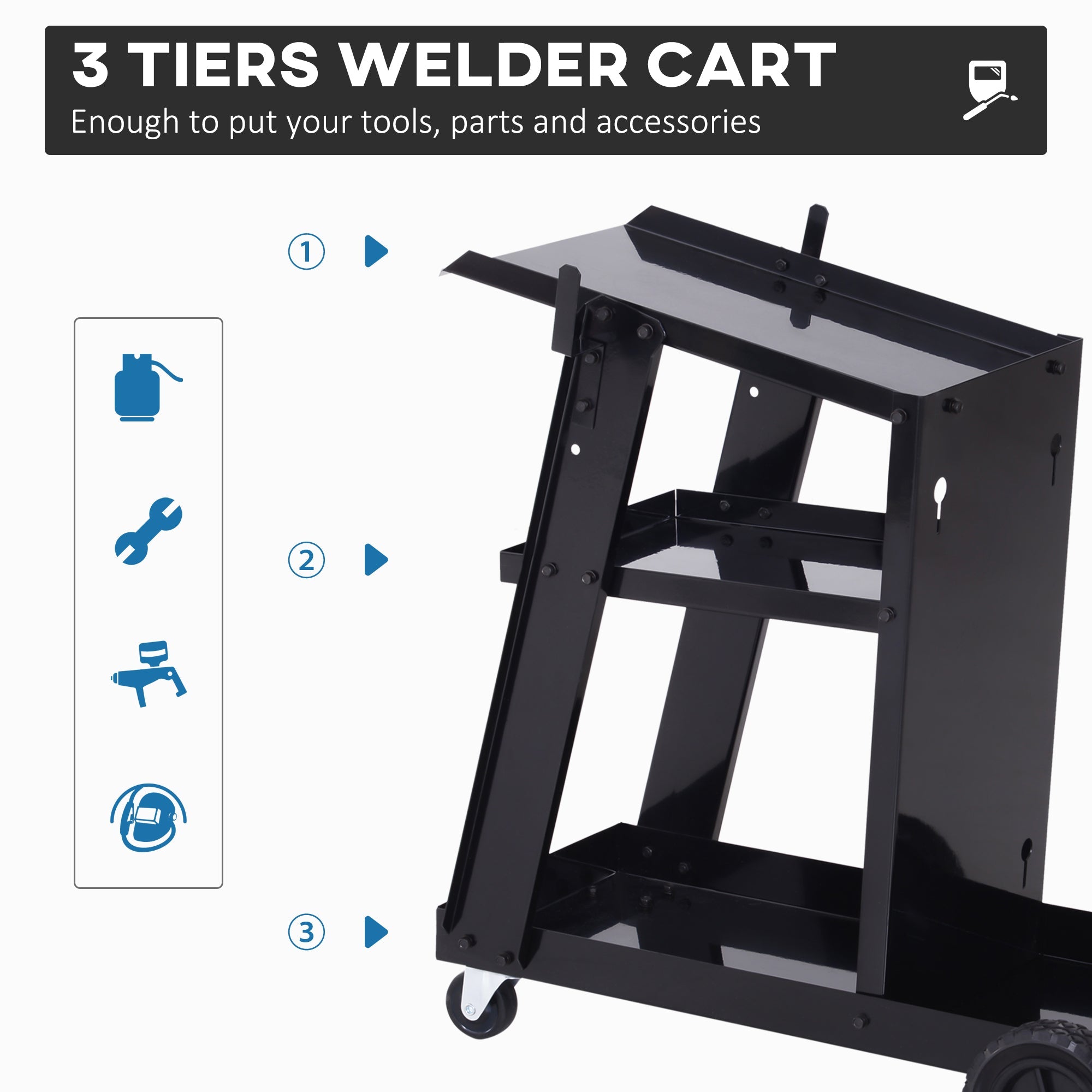 DURHAND Welding Workhorse: Heavy-Duty 3-Tier Welder Trolley Cart with Safety Chain, Black