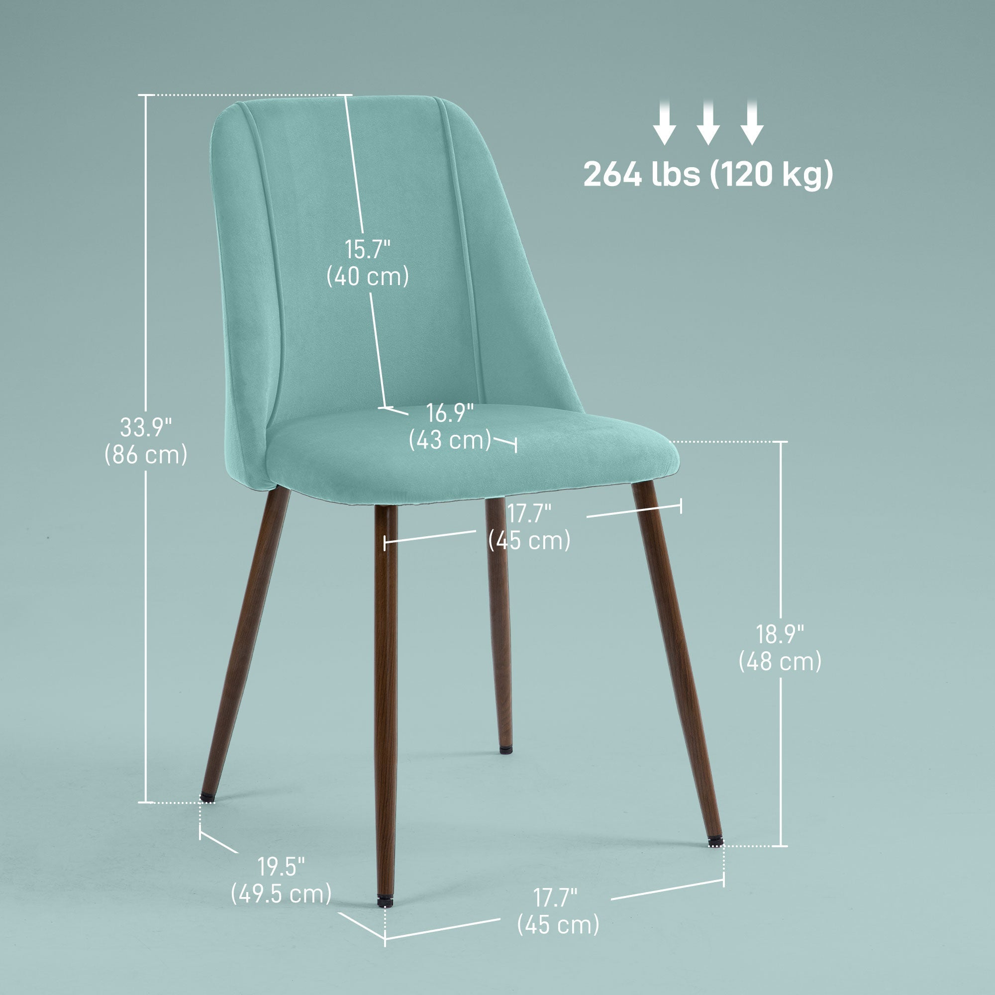 HOMCOM Upholstered Dining Chairs Set of 4, Velvet Accent Chair with Back and Wood-grain Steel Leg for Kitchen, Light Green