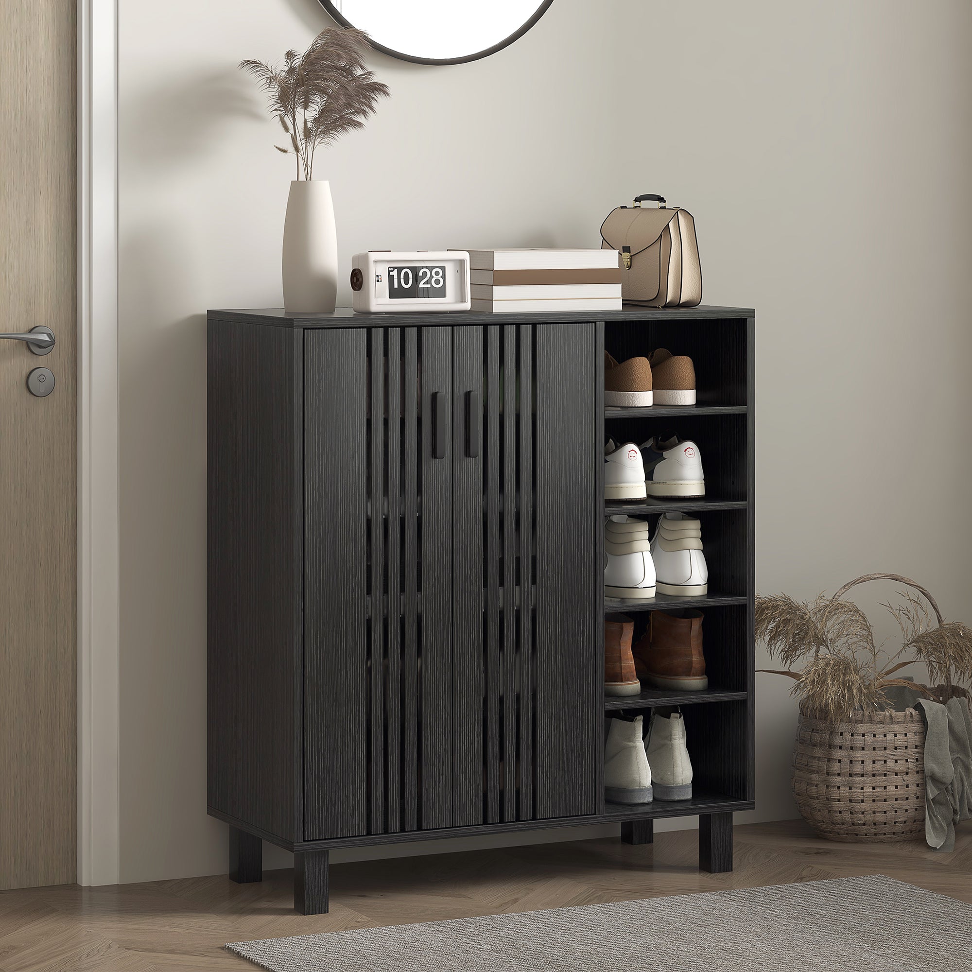 HOMCOM Shoe Storage with Double Doors Open Shelves 17 Pair Shoe Storage Organizer for Entryway Hallway Black