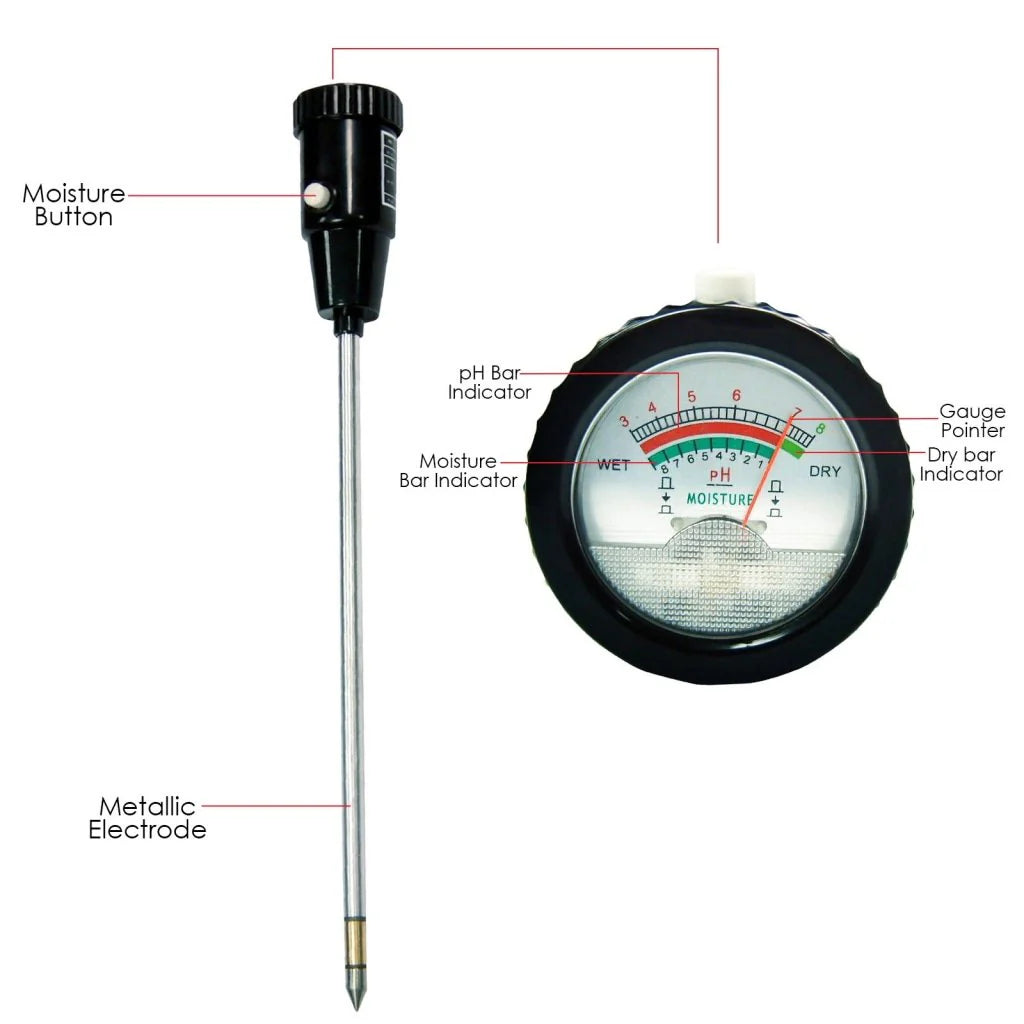 Soil pH & Moisture Tester Meter with 295mm Waterproof Probe