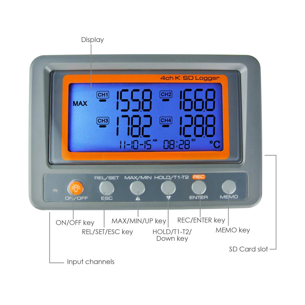 4-Channel K-Type Thermocouple Temperature Data Logger with SD Card & LCD Display