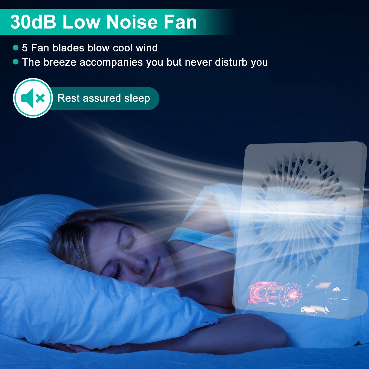 Portable Desk Fan USB Rechargeable Table Cooling Fan Quiet 5 Blades Desktop Fan with 3 Speeds Ajustment for Bedroom Office