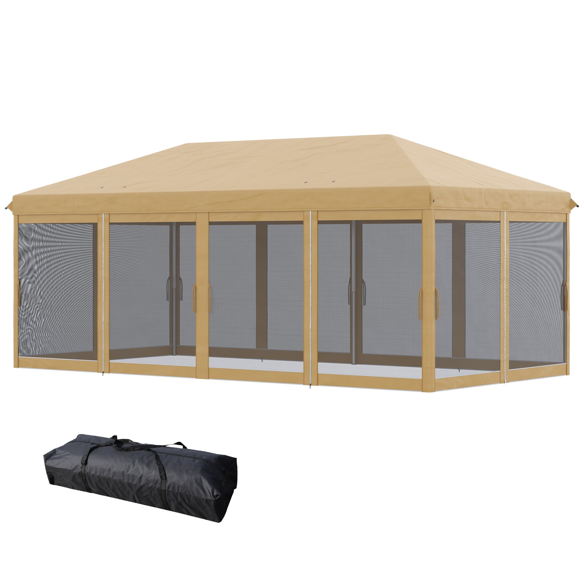 Outsunny 10 x 20ft Pop Up Canopy Tent with 6 Removable Mesh Sidewalls and Carry Bag, Beige