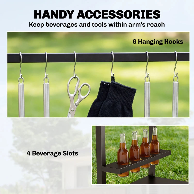 Outdoor Grill Cart, 2-Tier Pizza Oven Stand, BBQ Stand with Beverage Holder, Hooks, Wheels, Black and Brown