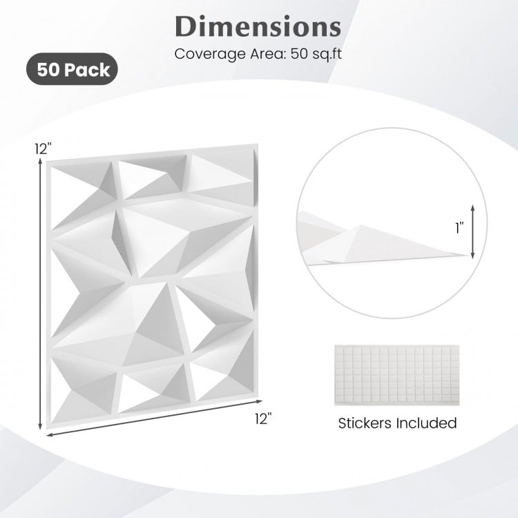 50-Pack 3D Wall Panels PVC Interior Wall Decoration with Diamond Accent-White