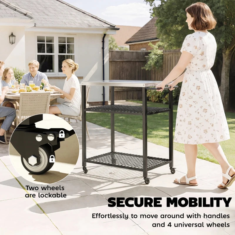 Outdoor Grill Cart with Stainless Steel Top, Two-Shelf Pizza Oven Stand, Food Prep Table on Wheels, Black