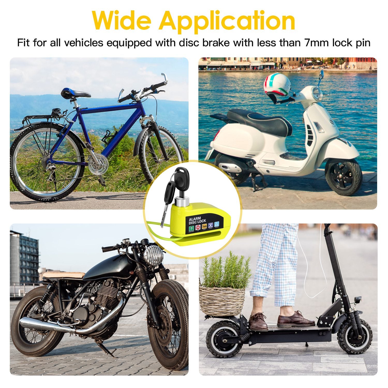 Motorcycle Disc Lock Alarm Anti-theft Brake Disc Lock Wheel Alarm Security Lock with 110dB Alarm 2 Keys 3.94FT Reminder Cable for Motorbike Bike Scoot