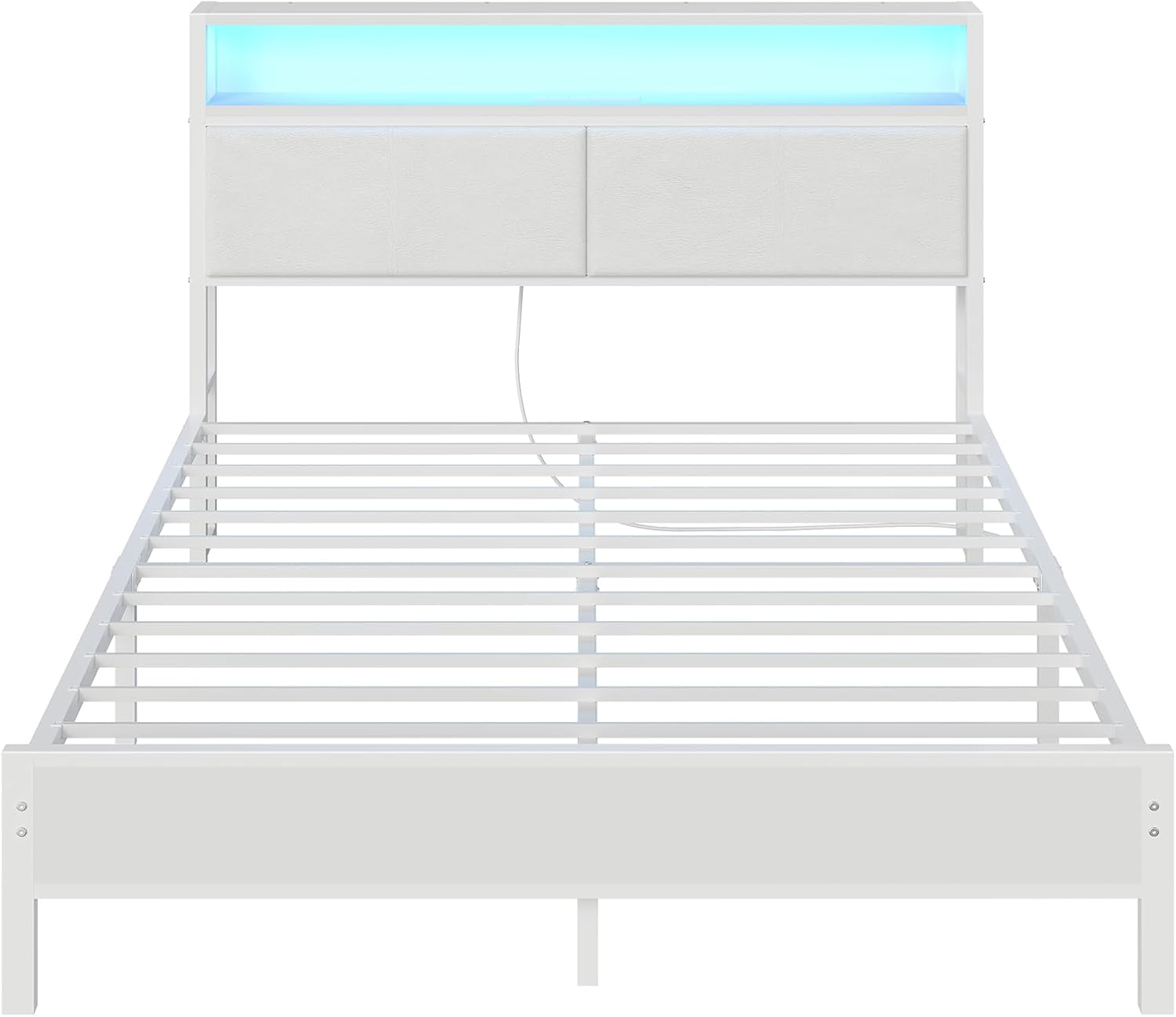 HOOBRO Queen Bed Frame with Charging Station, Storage Headboard & 16-Color LED Lights, White