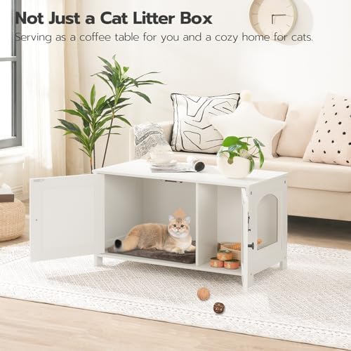 HOOBRO Cat Litter Box Enclosure Furniture, Hidden Cat Washroom with Divider, Pet House End Table, White