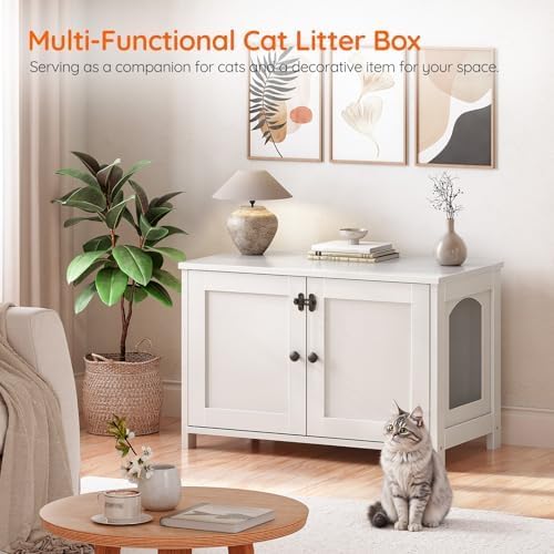 HOOBRO Cat Litter Box Enclosure Furniture, Hidden Cat Washroom with Divider, Pet House End Table, White