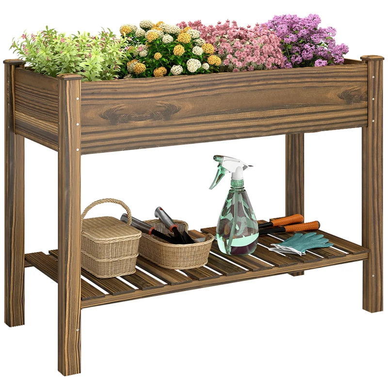 Elevated Planter Box w/ Legs and Storage Shelf, Raised Garden Bed, Elevated Wooden Planter Box, Carbonized