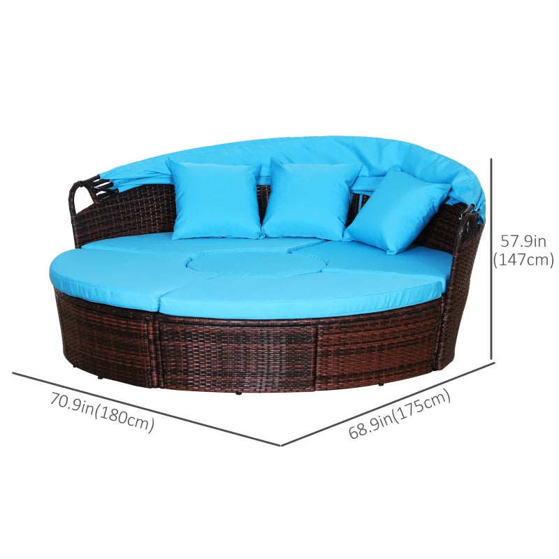 Outsunny 4 Pieces Outdoor Daybed with Retractable Canopy, PE Rattan Wicker Round Sofa Day Bed, Patio Sectional Conversation Furniture Set with Cushions and Pillows, Light Blue