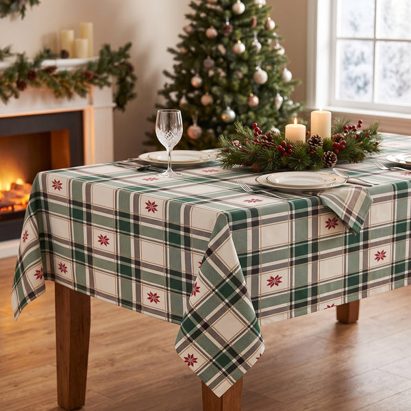 Christmas Tablecloth, 52 x 70 in, Green and Cream Plaid with Gold Foil Accents