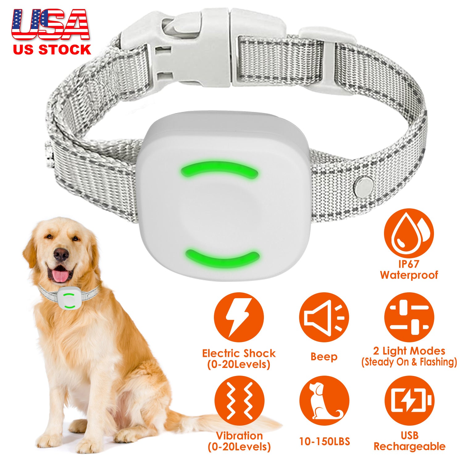 IP67 Waterproof Electric Dog Training Collar Rechargeable Dog Receiver with Light Beep Vibration Shock Fit for All Dogs 10-150LBS