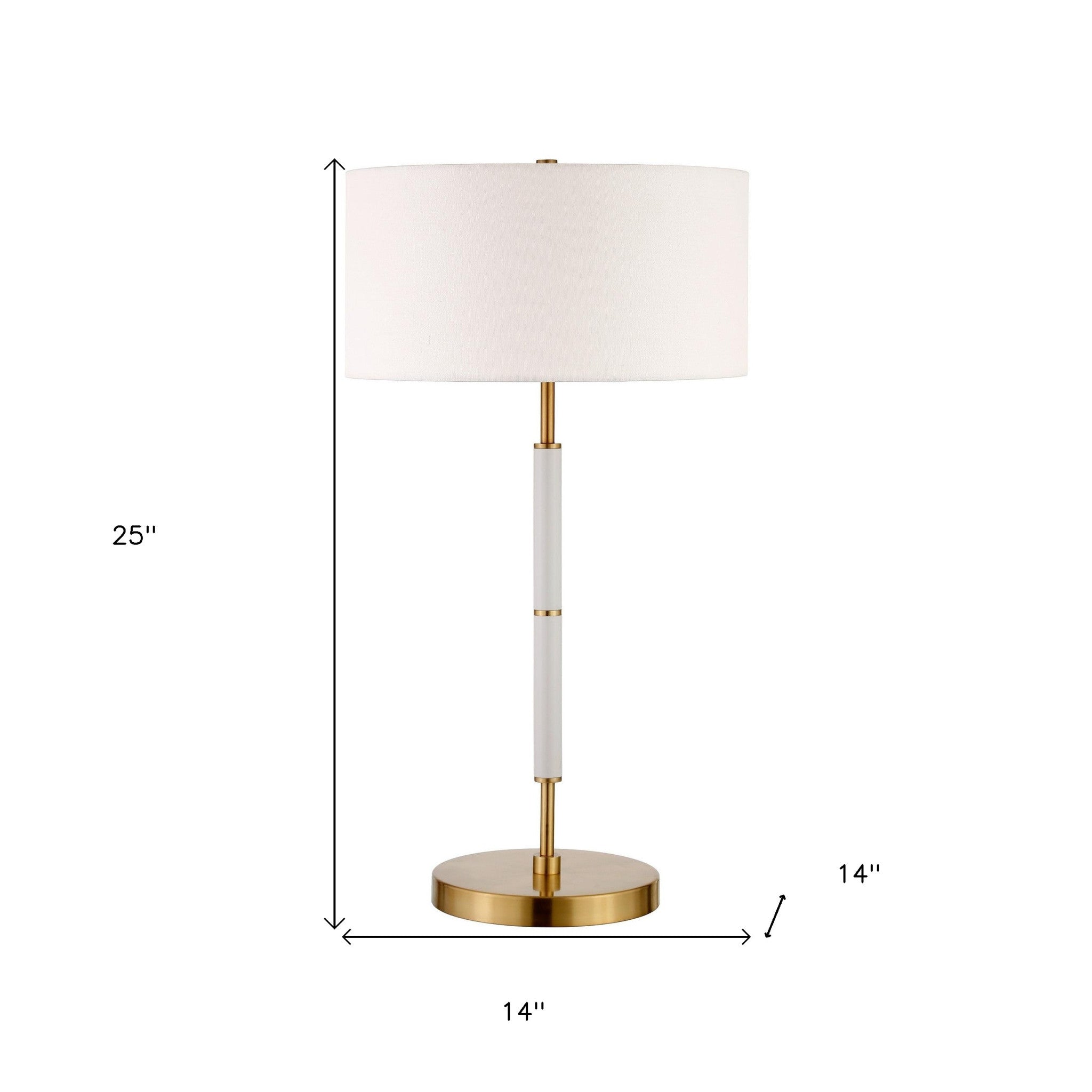 25" Gold and White Metal Two Light Table Lamp With White Drum Shade