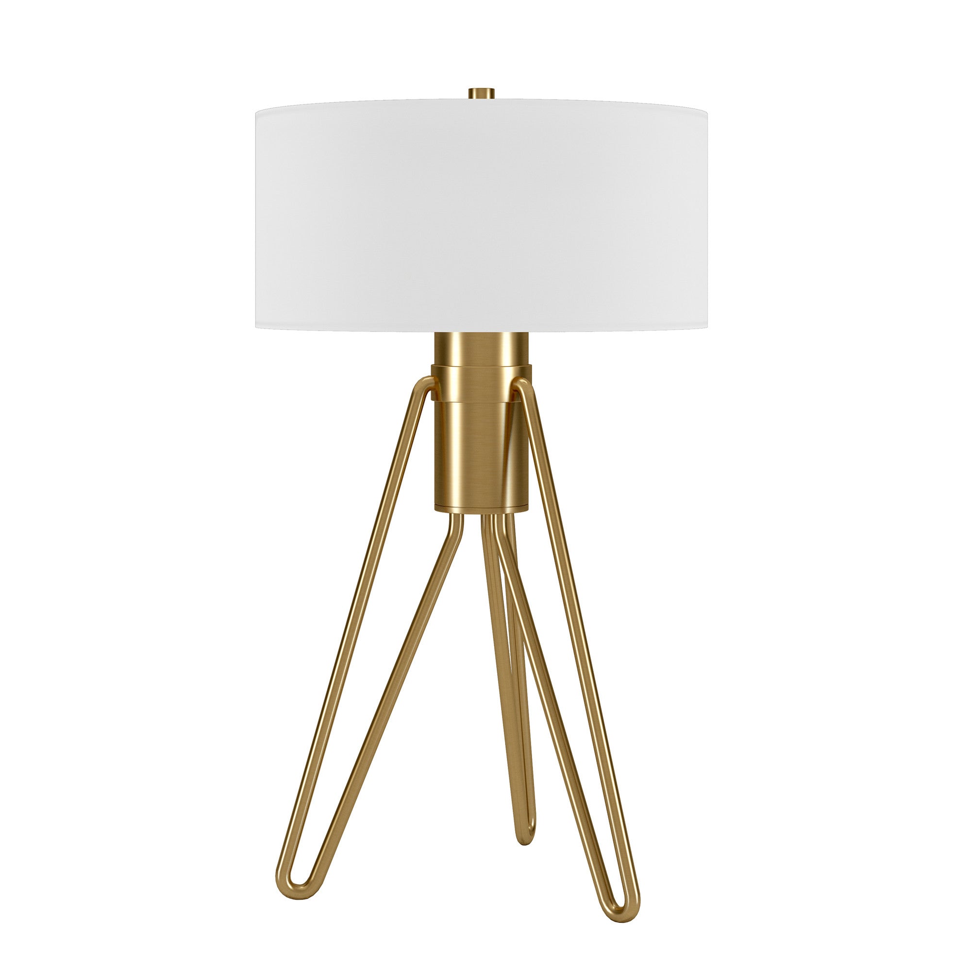 25" Brass Metal Two Light Tripod Table Lamp With White Drum Shade