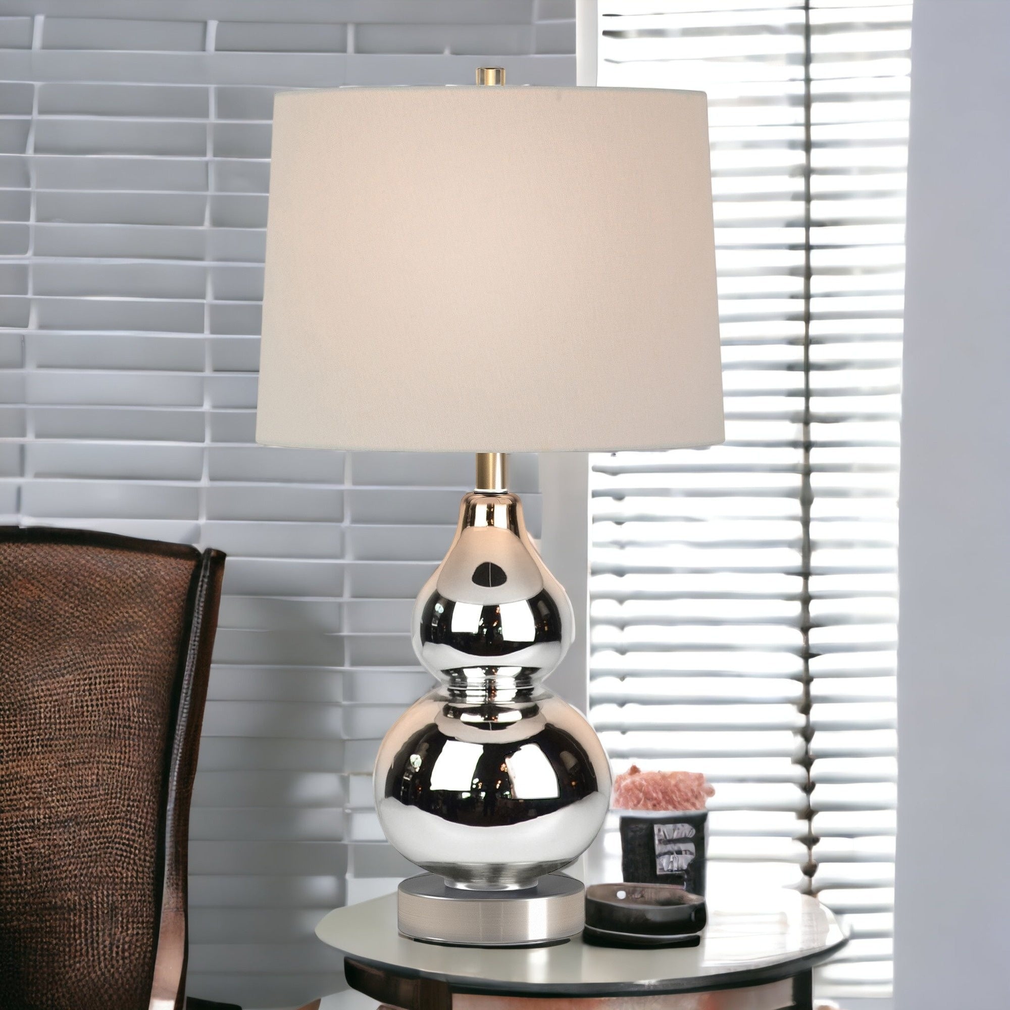 21" Nickel Glass Table Lamp With White Drum Shade