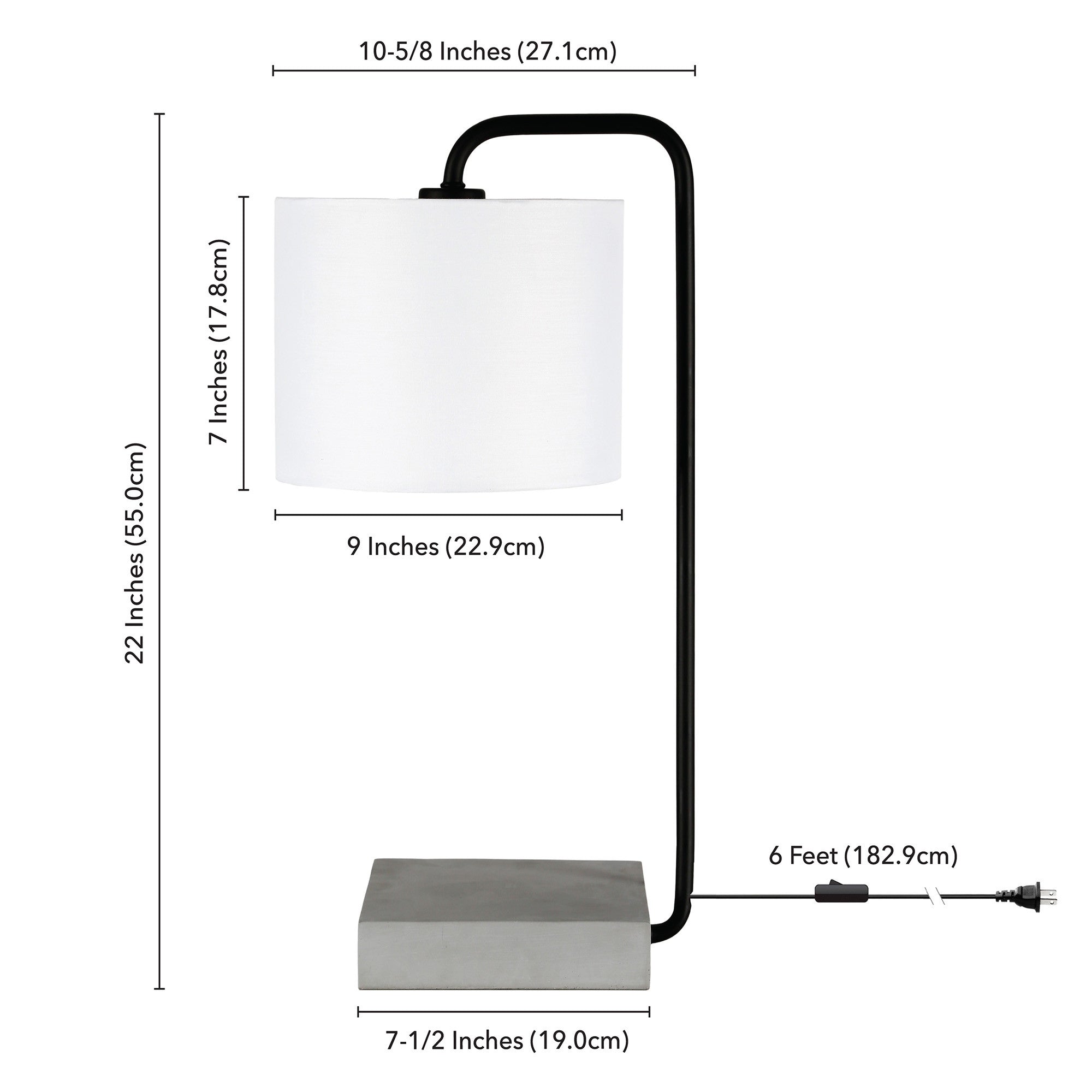 22" Black and Gray Concrete Arched Table Lamp With White Drum Shade