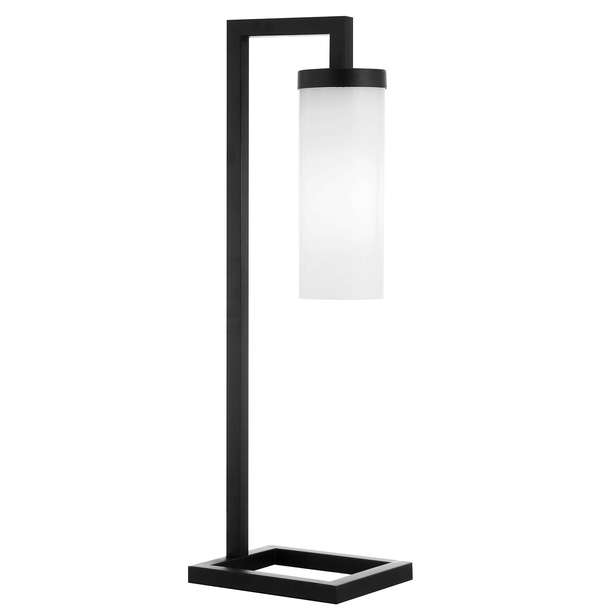 26" Black Metal Arched Table Lamp With White Cylinder Shade