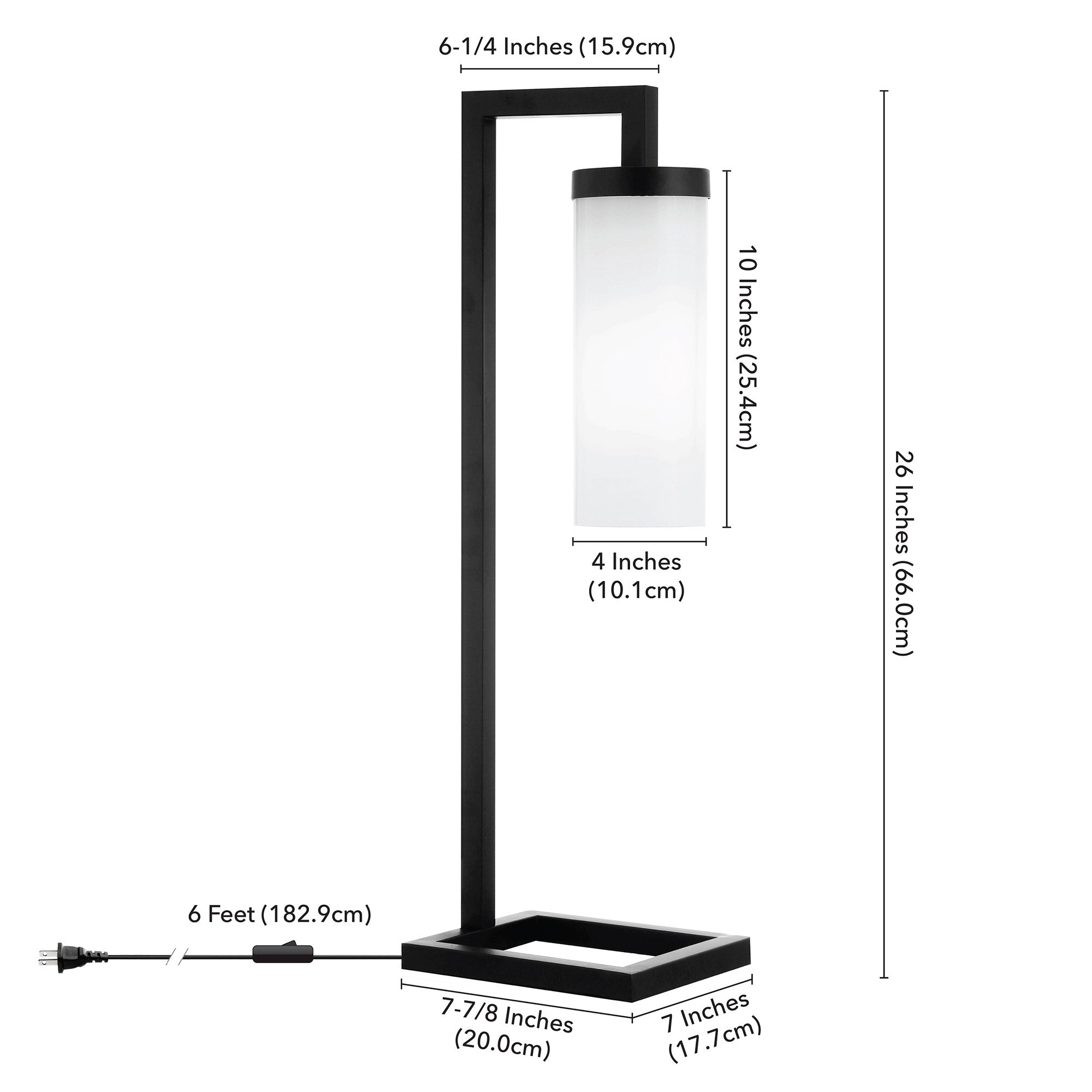 26" Black Metal Arched Table Lamp With White Cylinder Shade