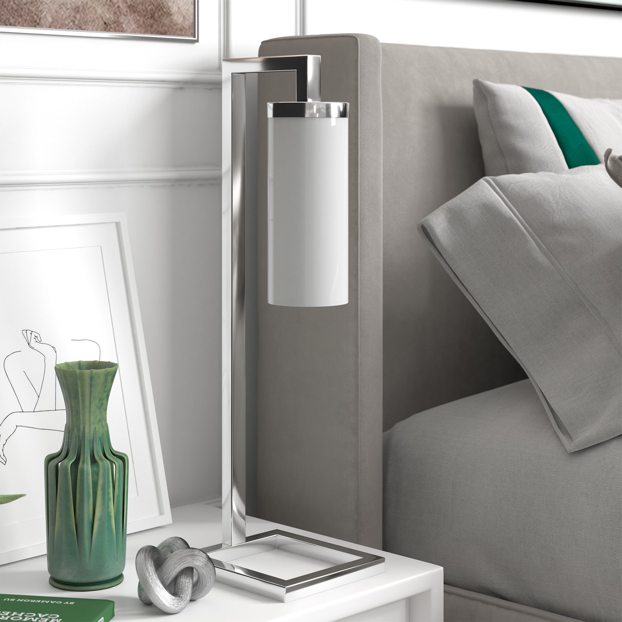 26" Nickel Metal Arched Table Lamp With White Cylinder Shade