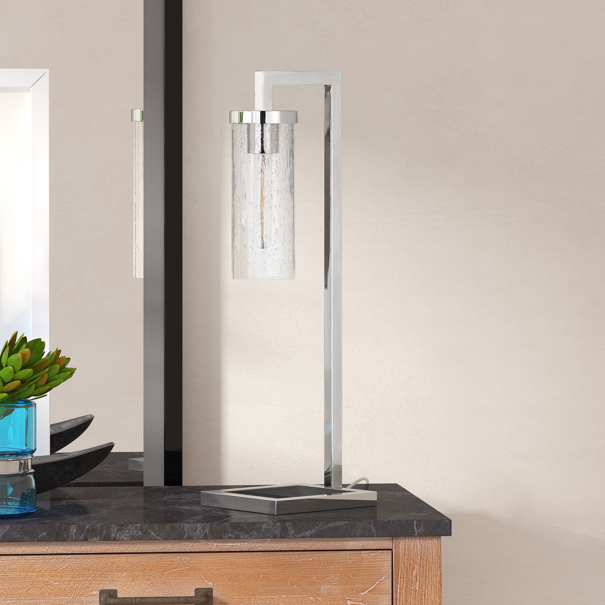 26" Nickel Metal Arched Table Lamp With Clear Seeded Cylinder Shade