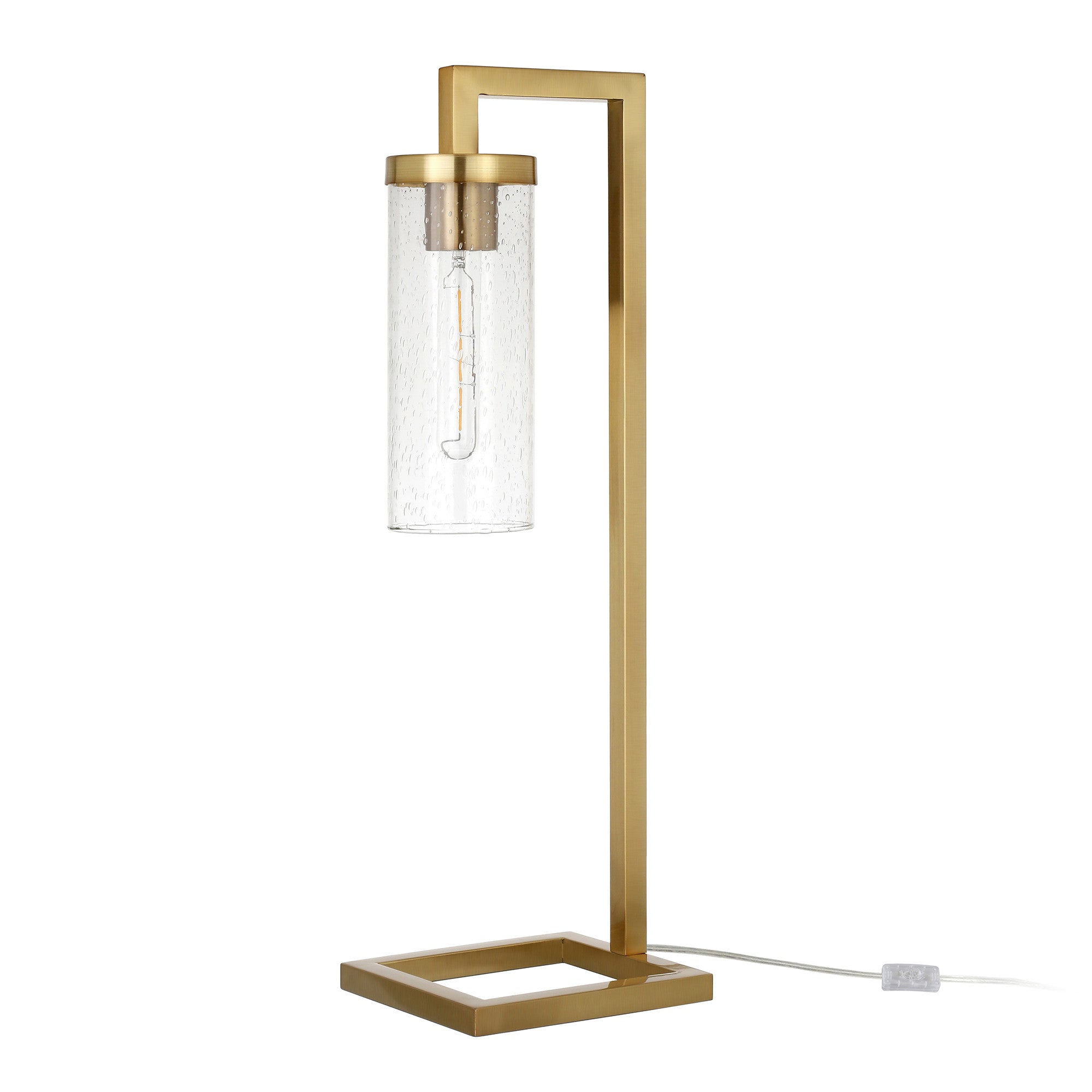 26" Brass Metal Arched Table Lamp With Clear Seeded Cylinder Shade