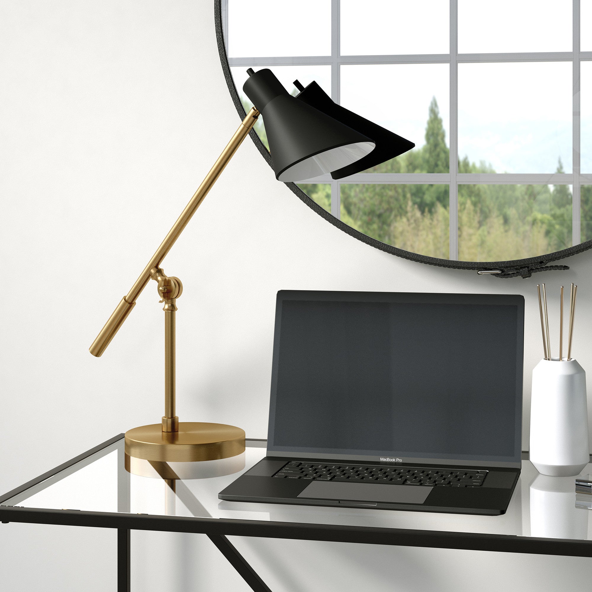 22" Brass Metal Desk Table Lamp With Black Cone Shade