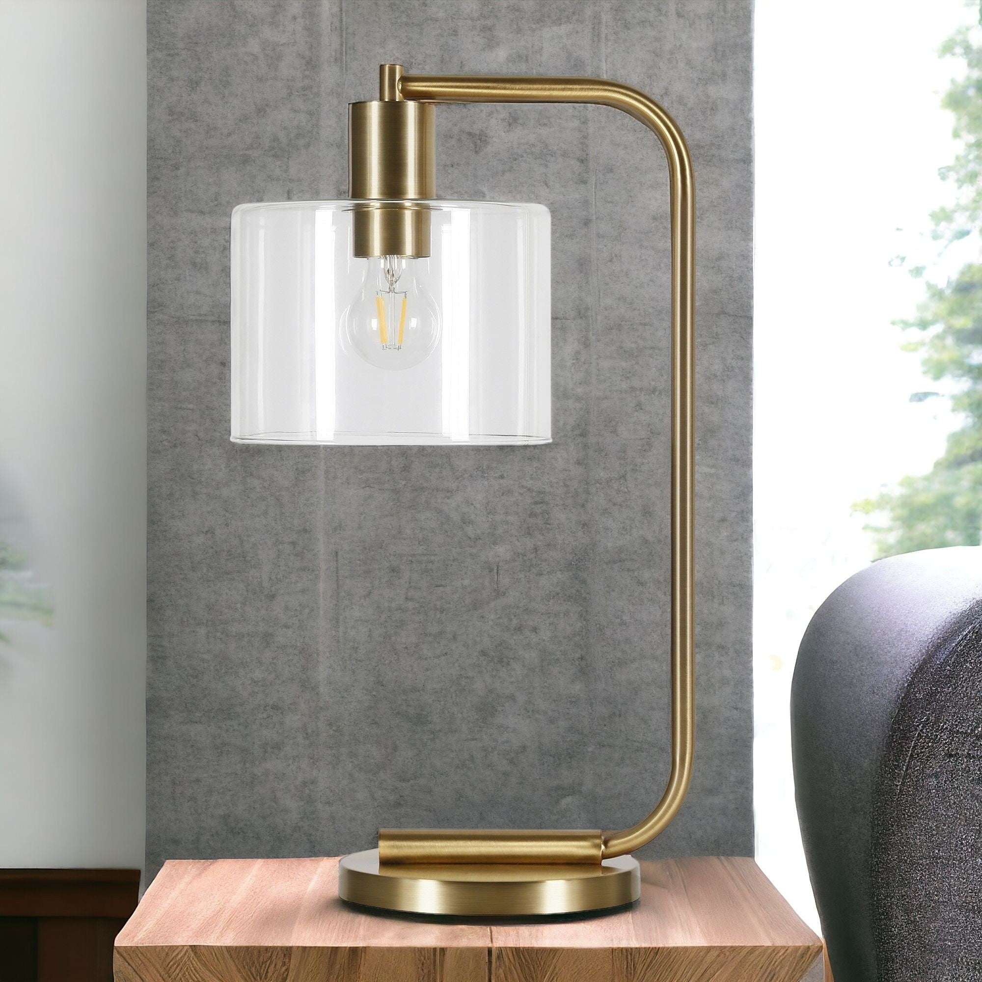 20" Gold Metal Arched Table Lamp With Clear Drum Shade