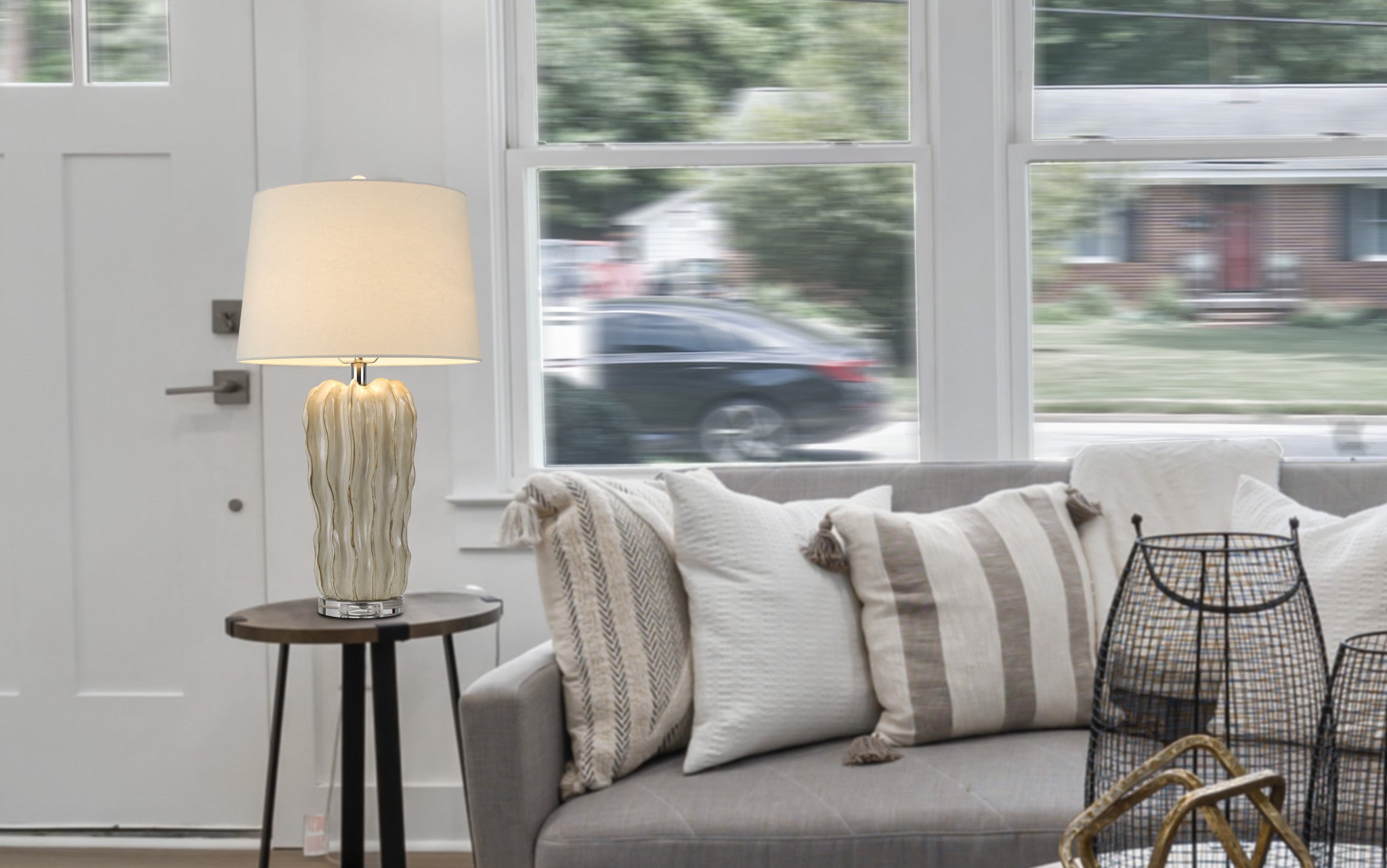 28" Pearl Glass Table Lamp With White Empire Shade