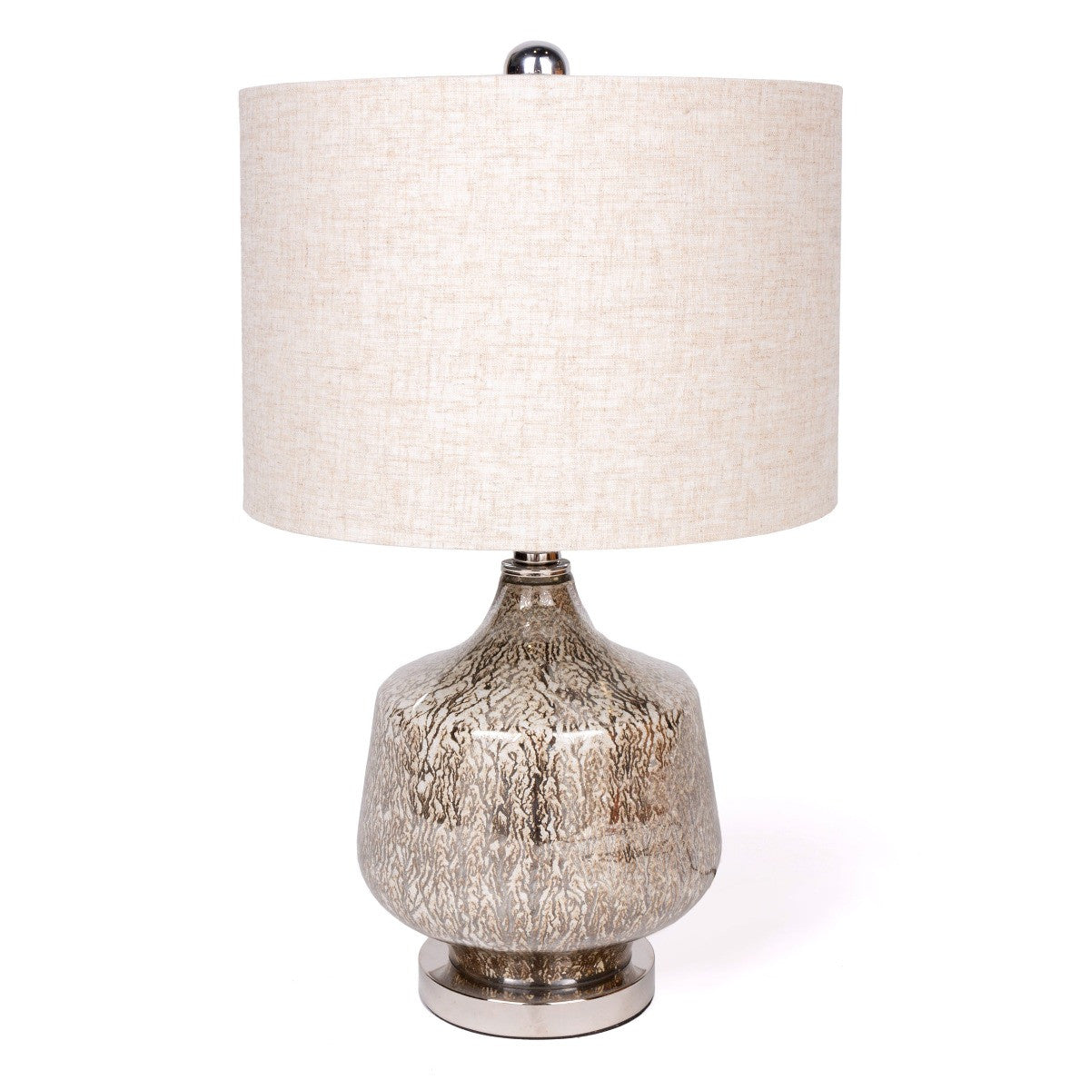 21" Silver Metallic Glass LED Table Lamp With Beige Drum Shade