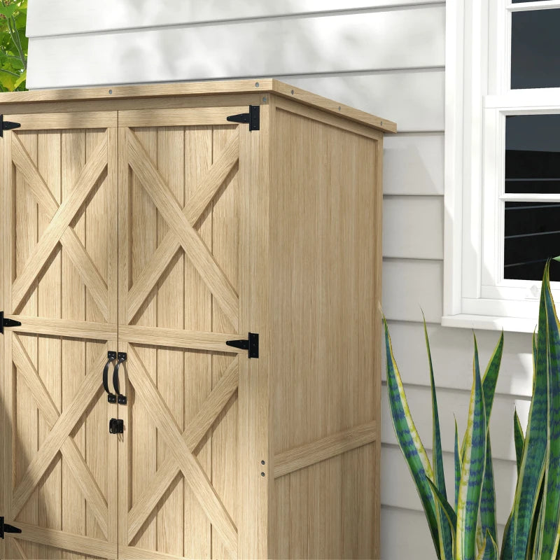 Wooden Outdoor Storage Cabinet Garden Shed with Waterproof Asphalt Roof and Lockable Doors, Natural