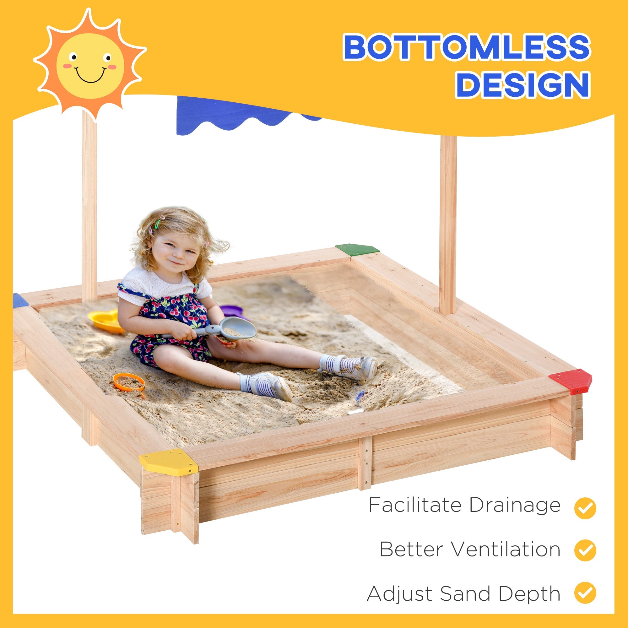 Outsunny Kids Wooden Sandbox, Play Station for Children Outdoor, with Adjustable Canopy Shade, Seats, for Backyard, Beach