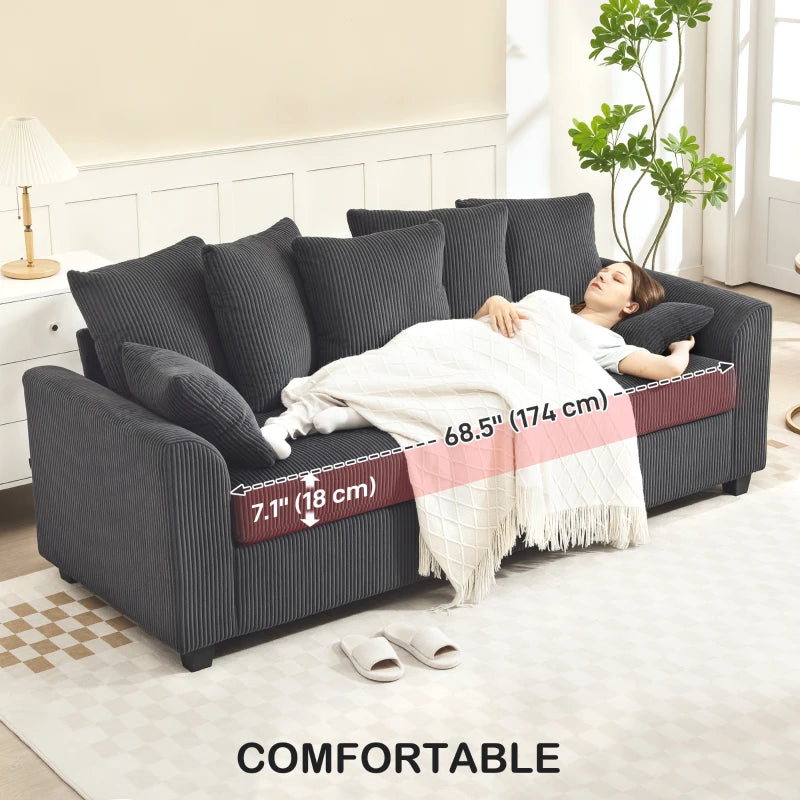 Corduroy Couch with 6 Back Cushions, 2 Pillows and Curved Armrests, Modern 3 Seater Sofa, Dark Grey