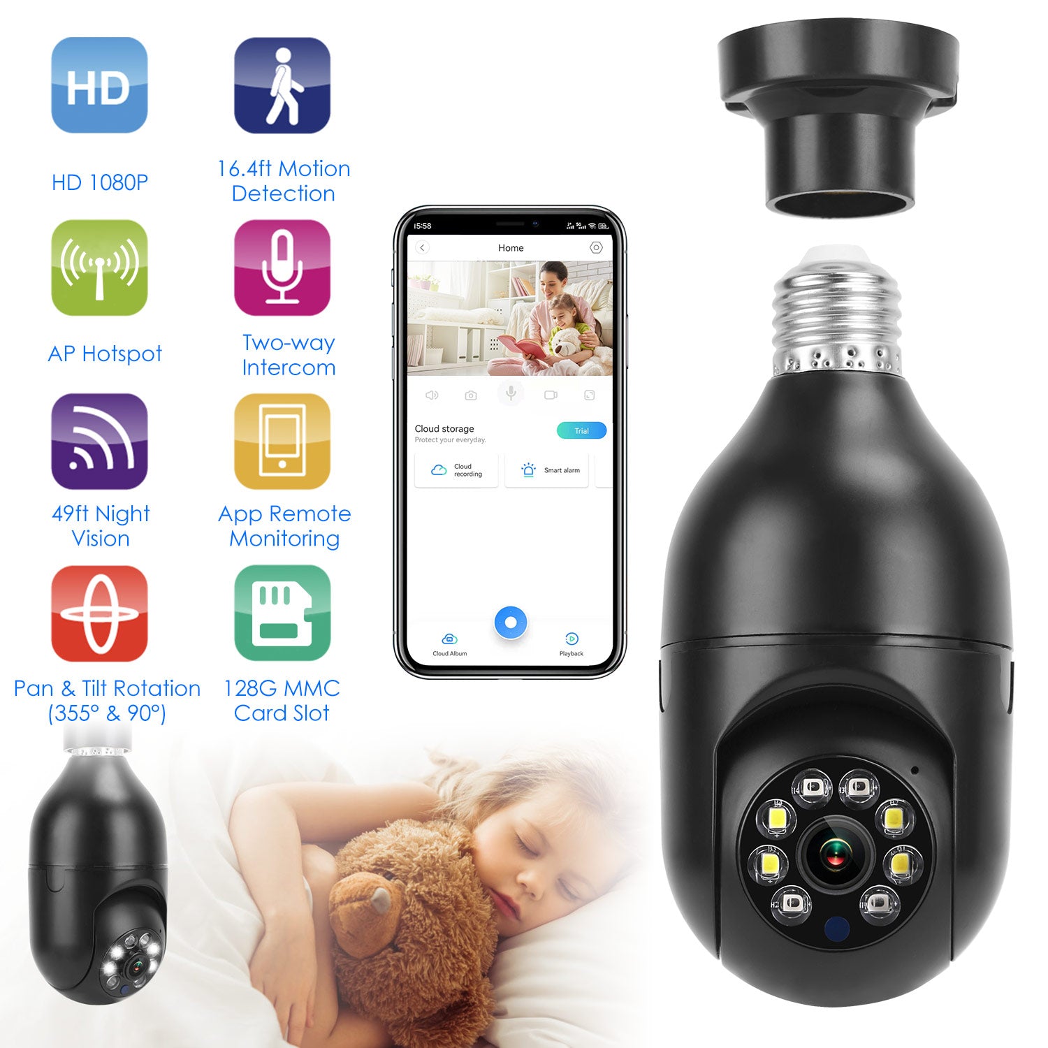 E27 WiFi Bulb Camera 1080P FHD WiFi IP Pan Tilt Security Surveillance Camera with Two-Way Audio Night Vision Motion Detection Function APP Control