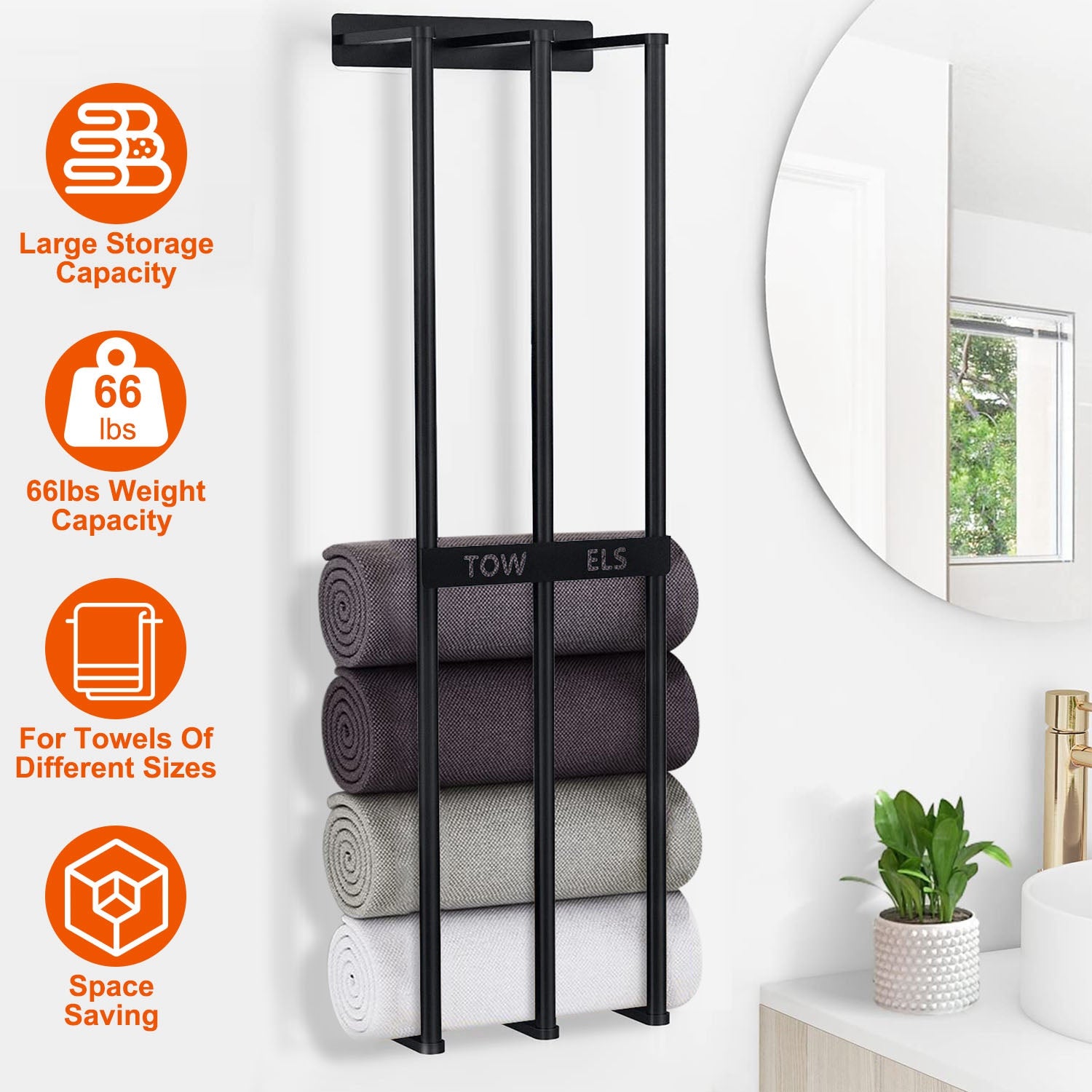 Wall Mounted Towel Rack for Rolled Towels Bathroom Towel Holder Organizer Storage Shelf for Bath Towels Hand Towels