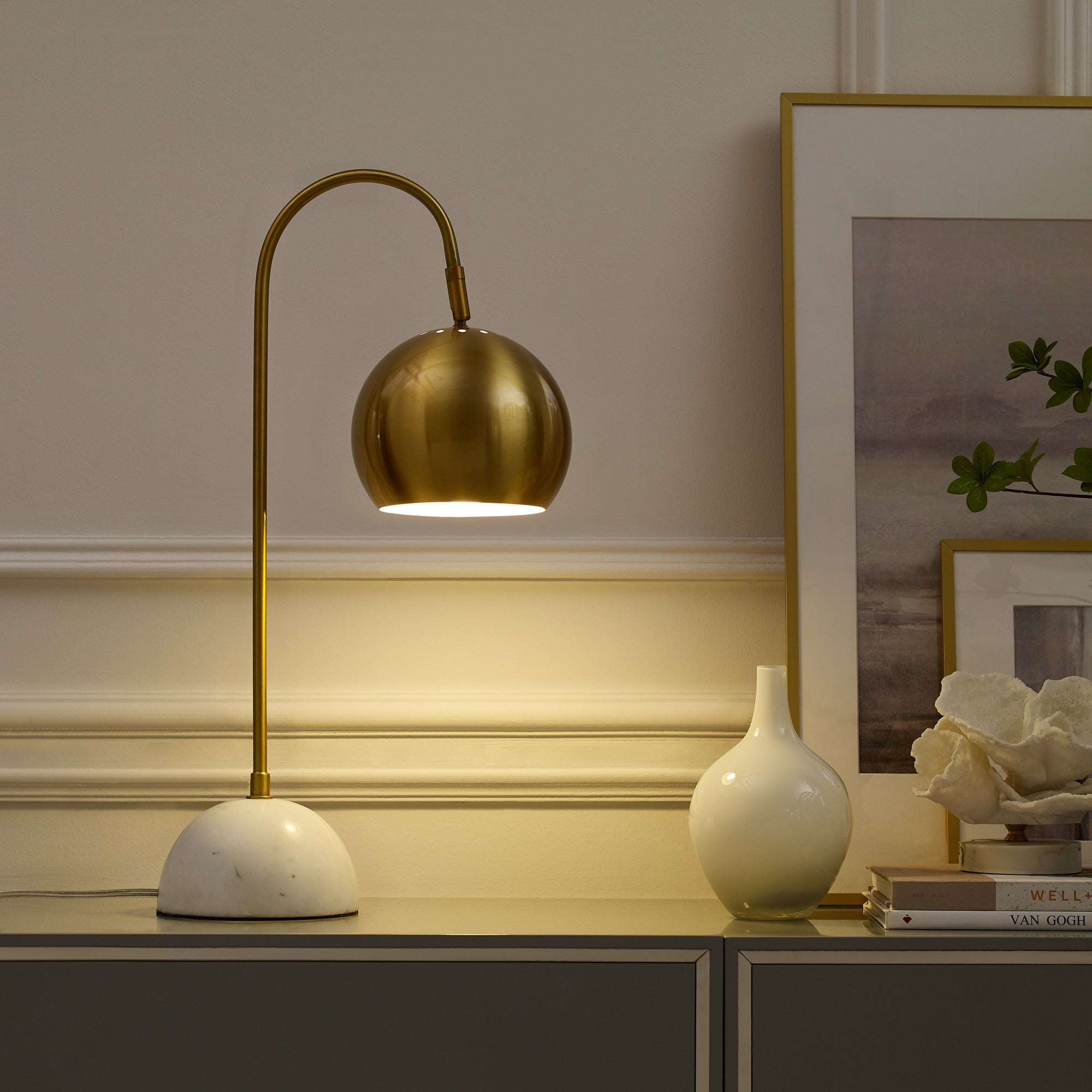 24" Brass Iron Desk Table Lamp With Brass Dome Shade