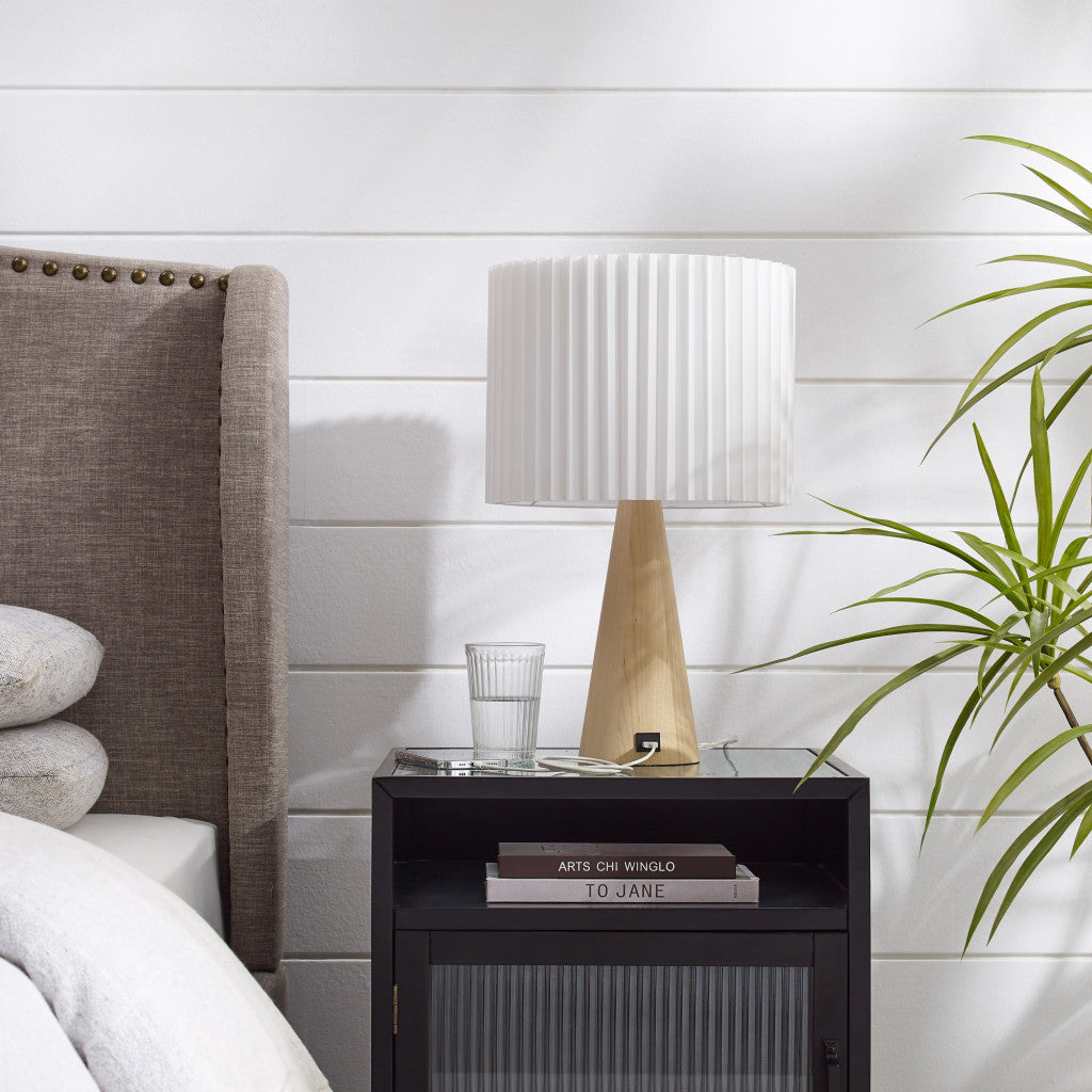 20" Ivory Solid Wood USB Table Lamp With Ivory Drum Shade