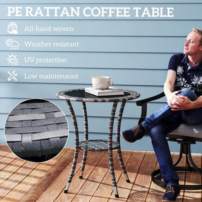 Outdoor Rattan Dining Table, Patio Wicker Round Coffee Table with 2-Tier Storage Shelf, Mixed Grey