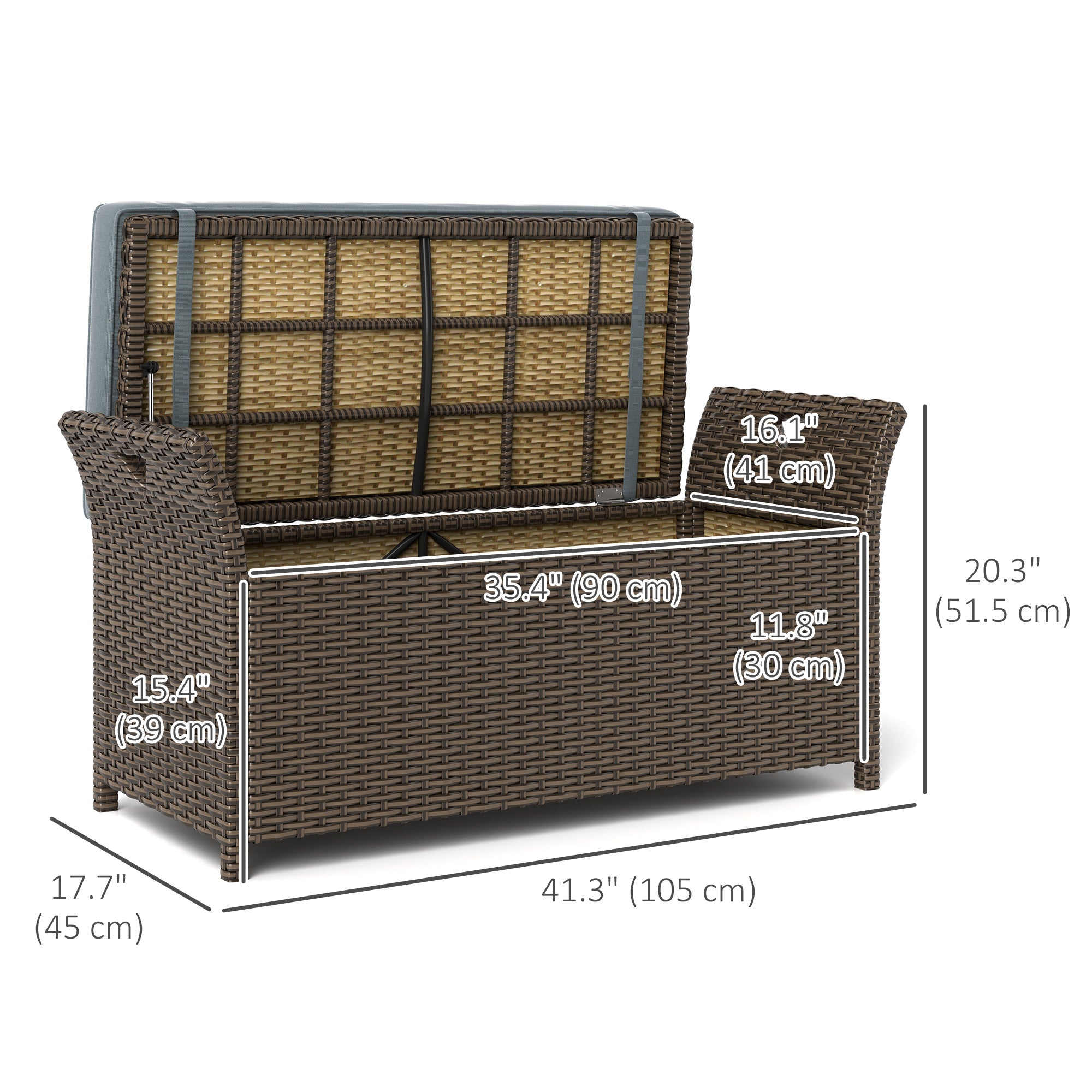 Outsunny 2-In-1 Rattan Storage Bench 27 Gallon Outdoor Wicker Furniture Box w/ Handles Cushion Dark Grey