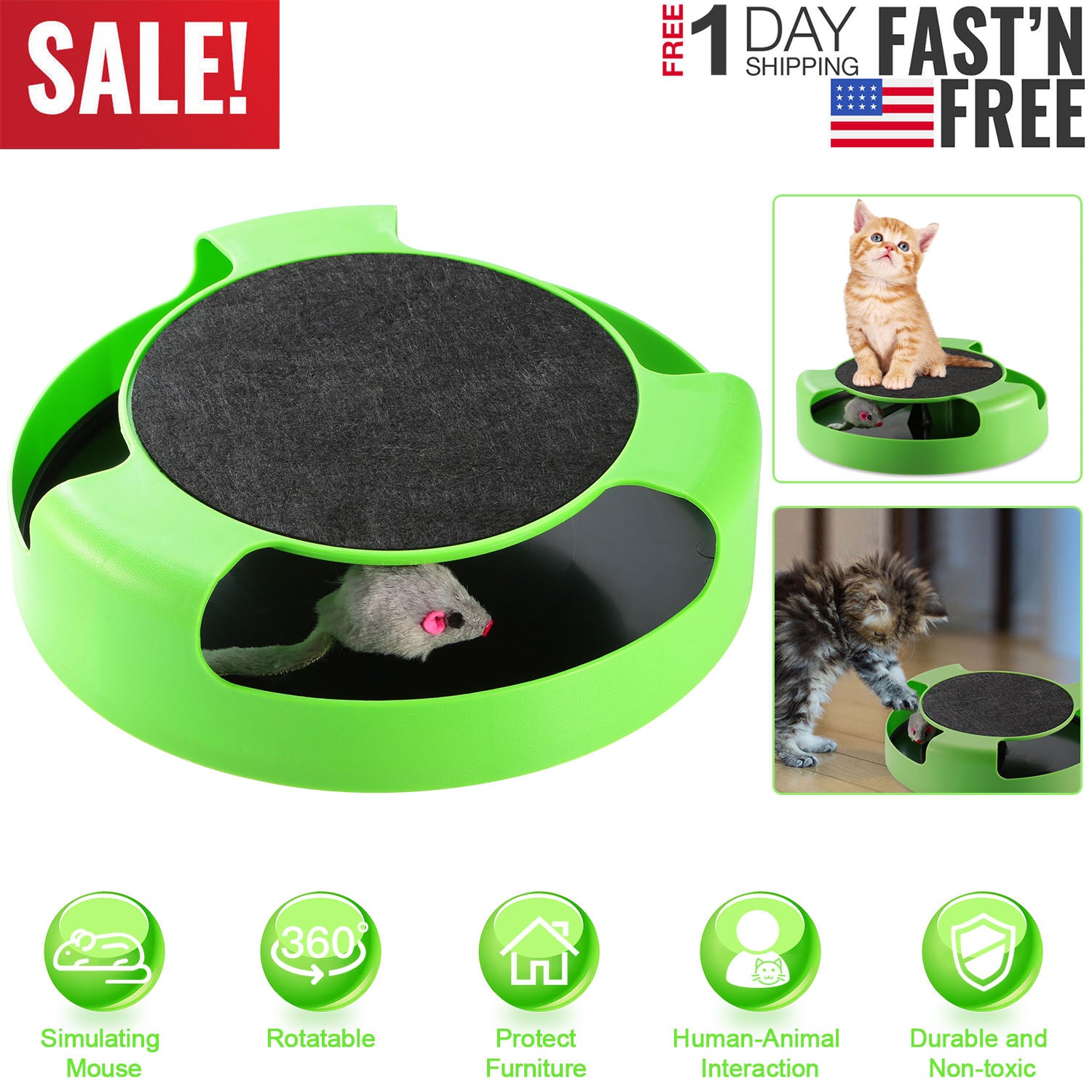Cat Interactive Scratching Toy w/ Rotating Running Mouse Catching Plate Non-toxic Claw Kitten Toys