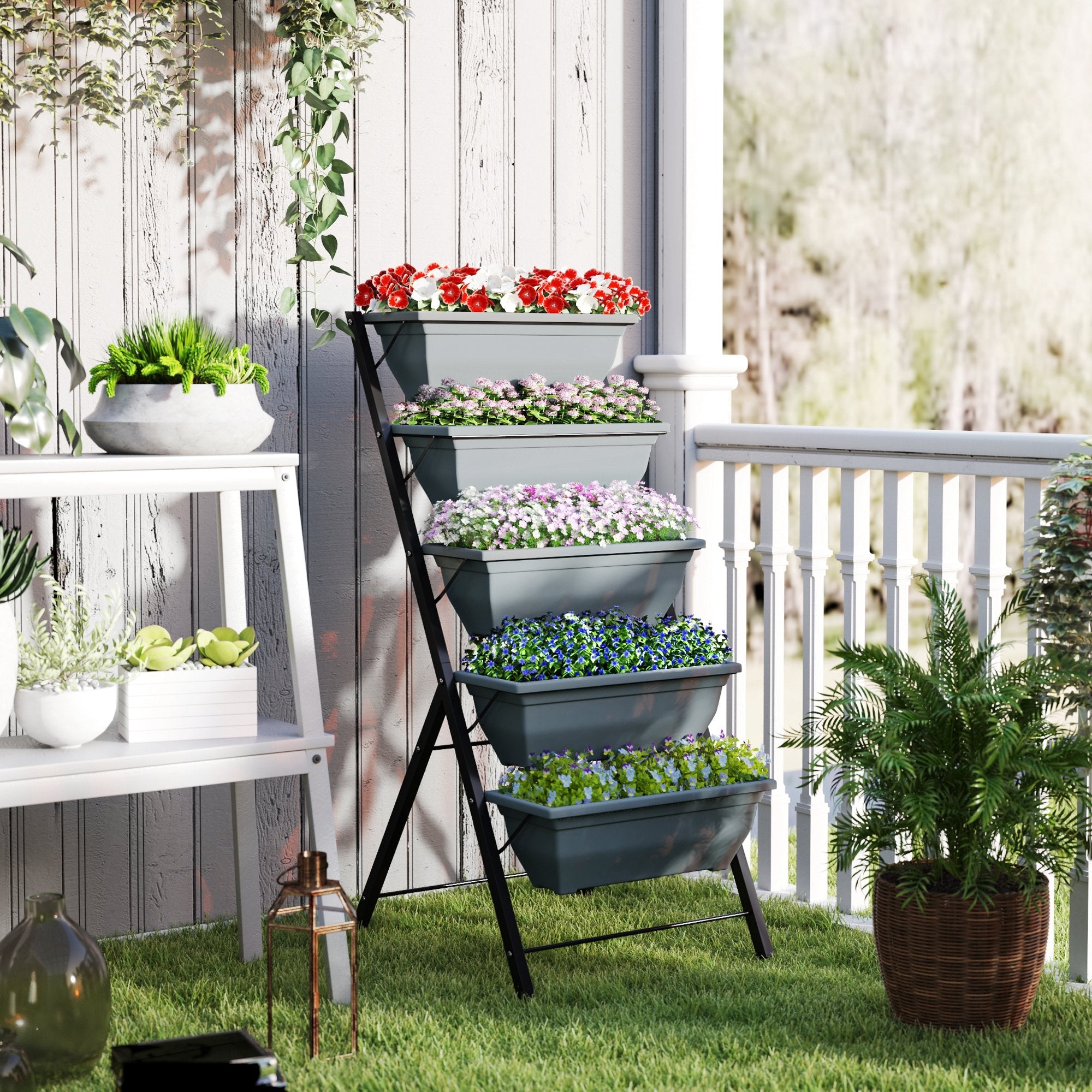Outsunny 5-Tier Raised Garden Bed Plant Stand Flower Pots with Leaking Holes Grey