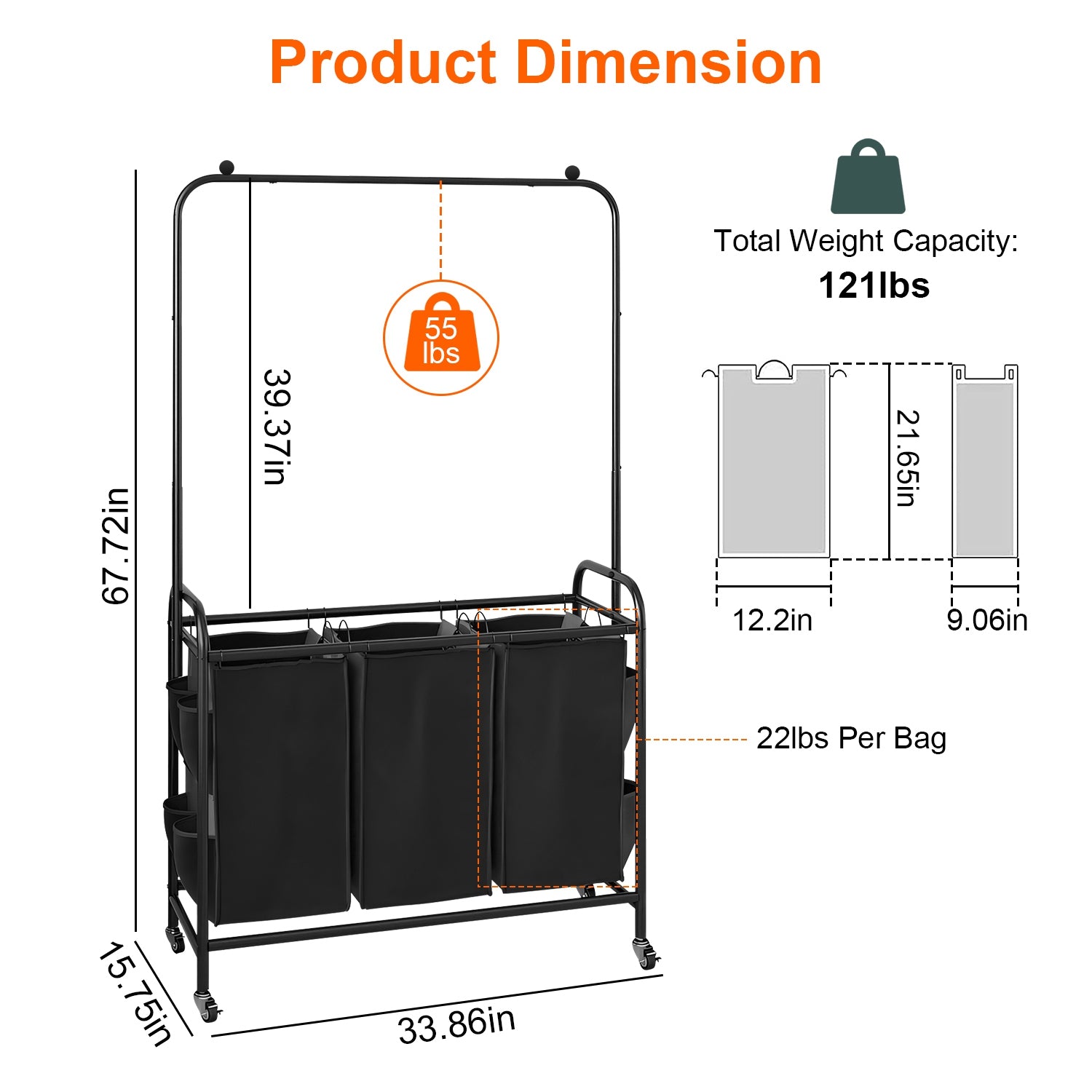 3 Bags Laundry Sorter with Garment Hanging Bar Laundry Hamper Rolling Cart Laundry Basket Organizer with Lockable Wheels 3 Removable Bags