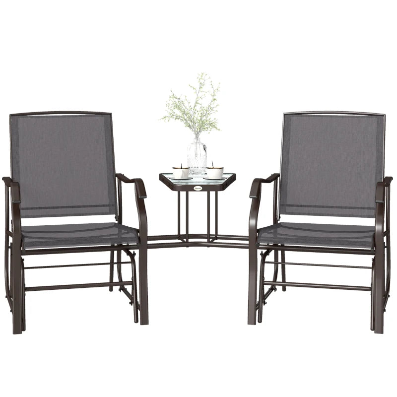Double Patio Glider Chair with Glass Top Center Table, Outdoor Glider Loveseat with High Back, All Weather Breathable Mesh Fabric for Garden, Backyard, Deck, Grey