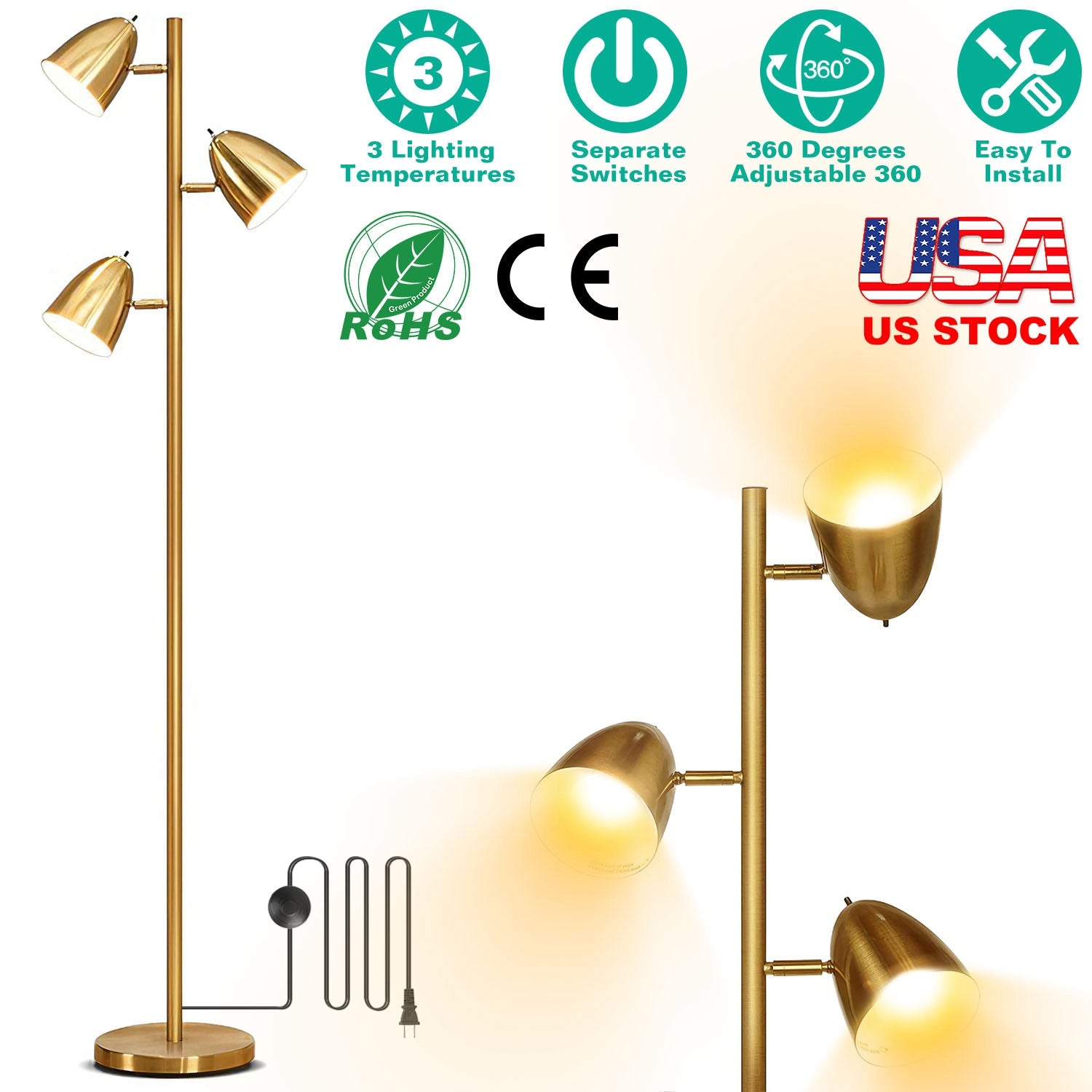 Black Tree Standing Floor Lamp Metal 3 Color Temperature Reading LED Bulb Light 360 Degree Adjustable Individual Separate Switch Living Room Bedroom O