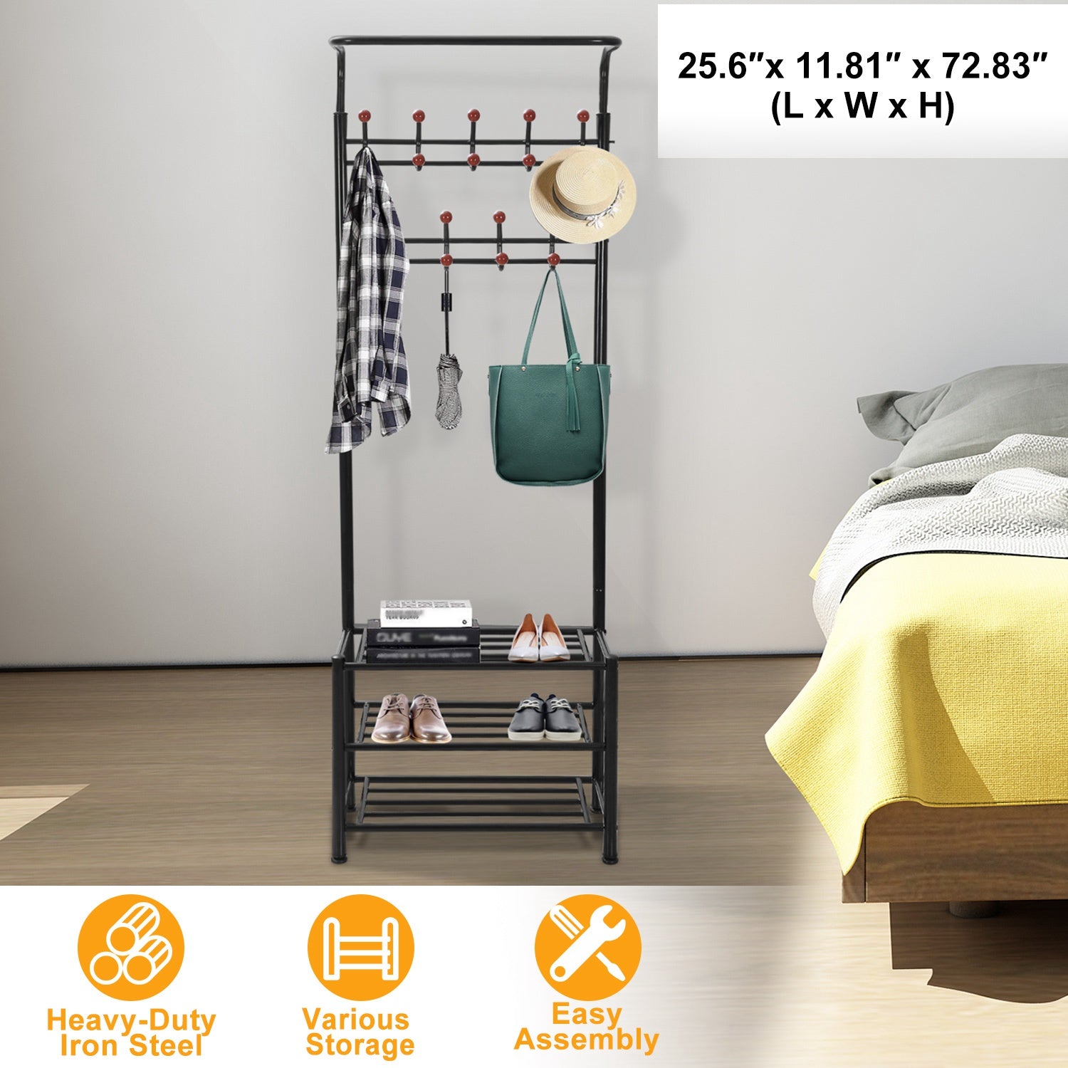 Metal Entryway Coat Shoe Rack Hall Tree w/ 3-Tier Shoe Bench Shoe Storage 18 Hooks Coat Hat Rack