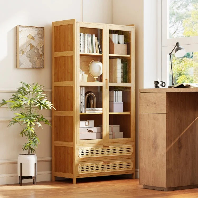 54.5" Bamboo Storage Cabinet with Acrylic Doors, 4 Shelves & 2 Drawers – Natural