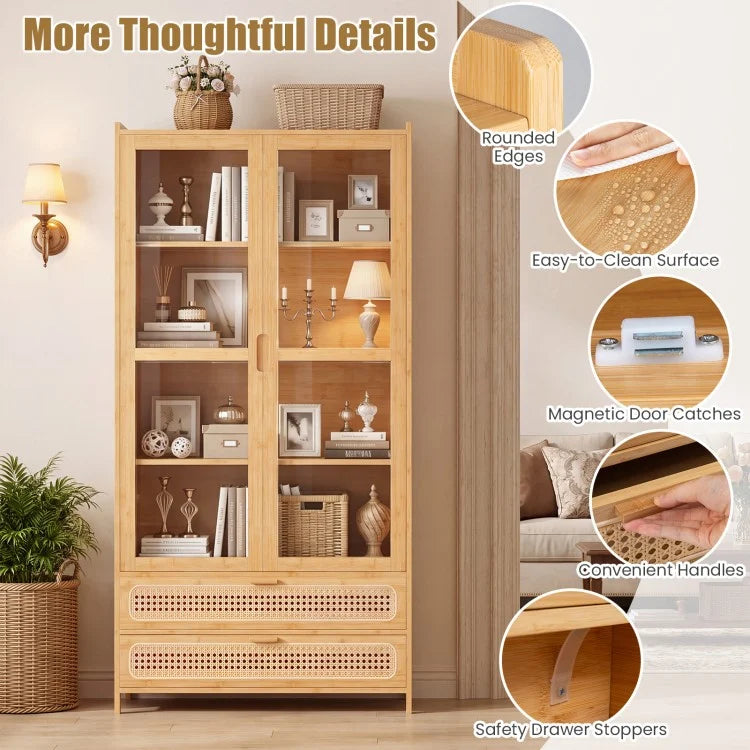 54.5" Bamboo Storage Cabinet with Acrylic Doors, 4 Shelves & 2 Drawers – Natural